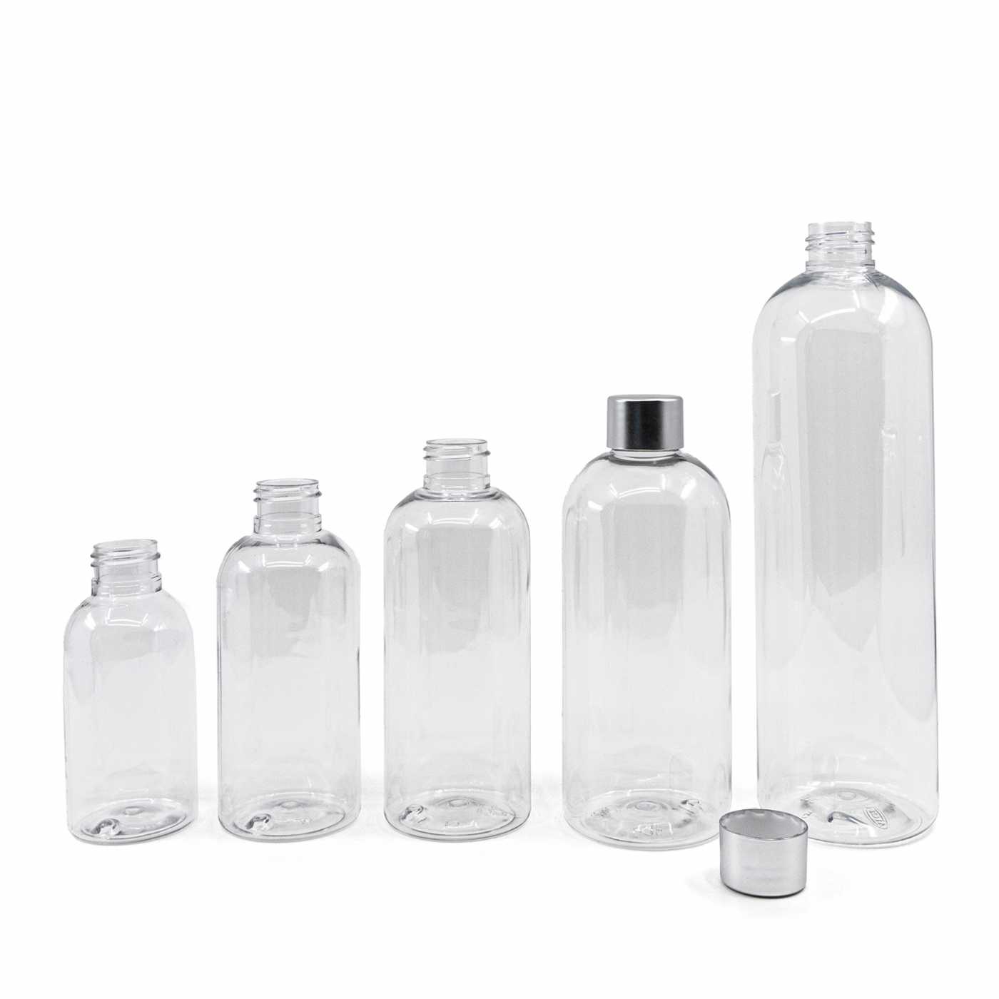 Butelka plastikowa przezroczysta okrągła, nakrętka srebrna, 200 ml