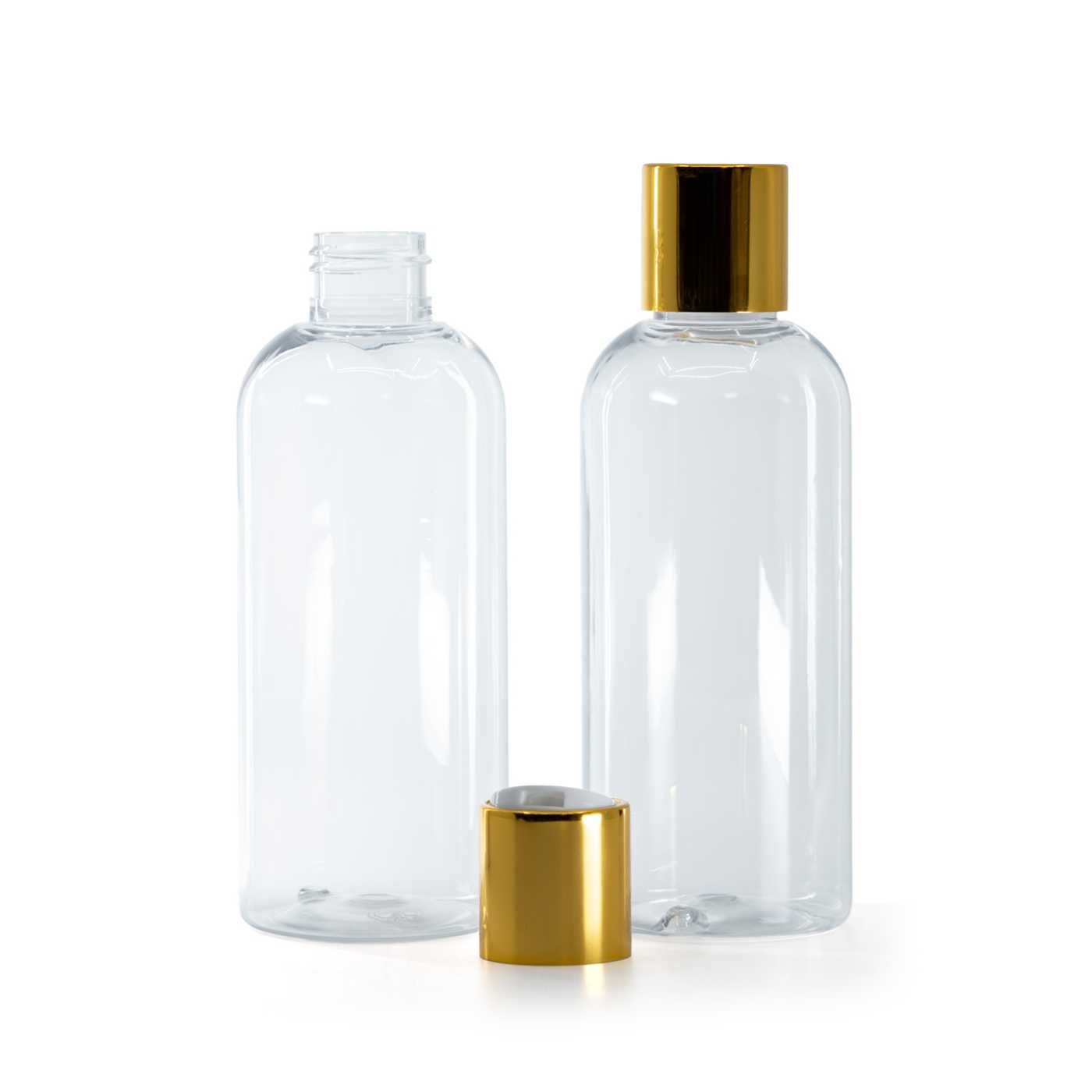 Butelka plastikowa przezroczysta okrągła, nakrętka disc top, złota, biały środek, 200 ml