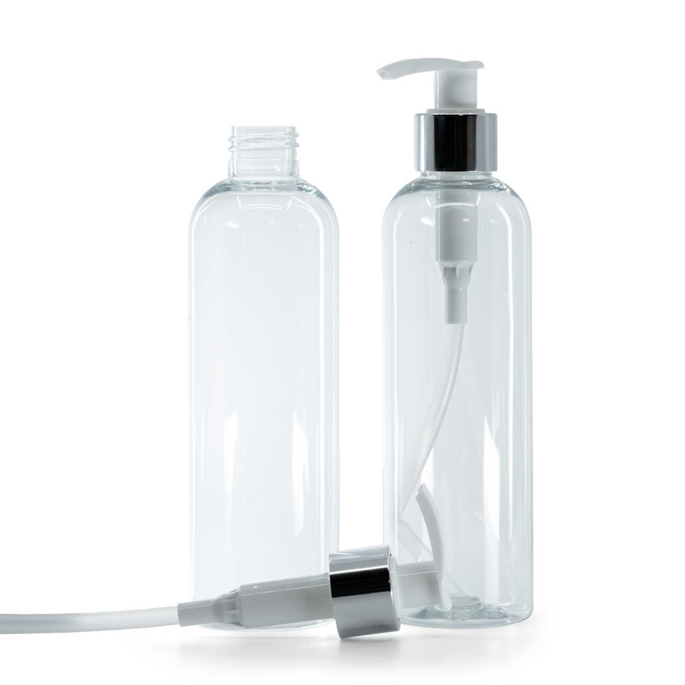 Átlátszó műanyag palack, fehér-ezüst adagoló, 250 ml