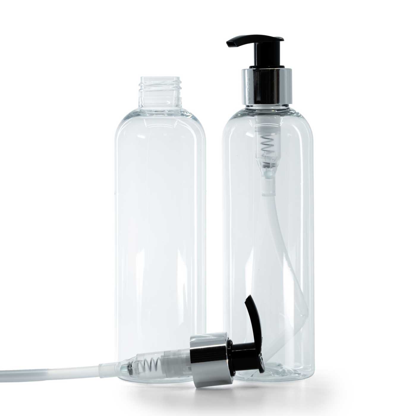 Butelka plastikowa przezroczysta, czarno-srebrny dozownik, 250 ml