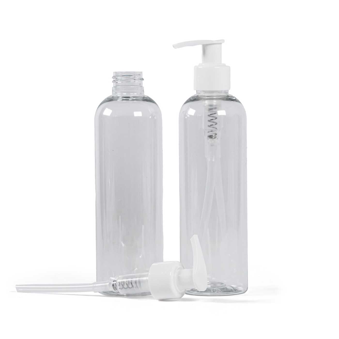 Átlátszó műanyag palack, fehér adagoló, 250 ml