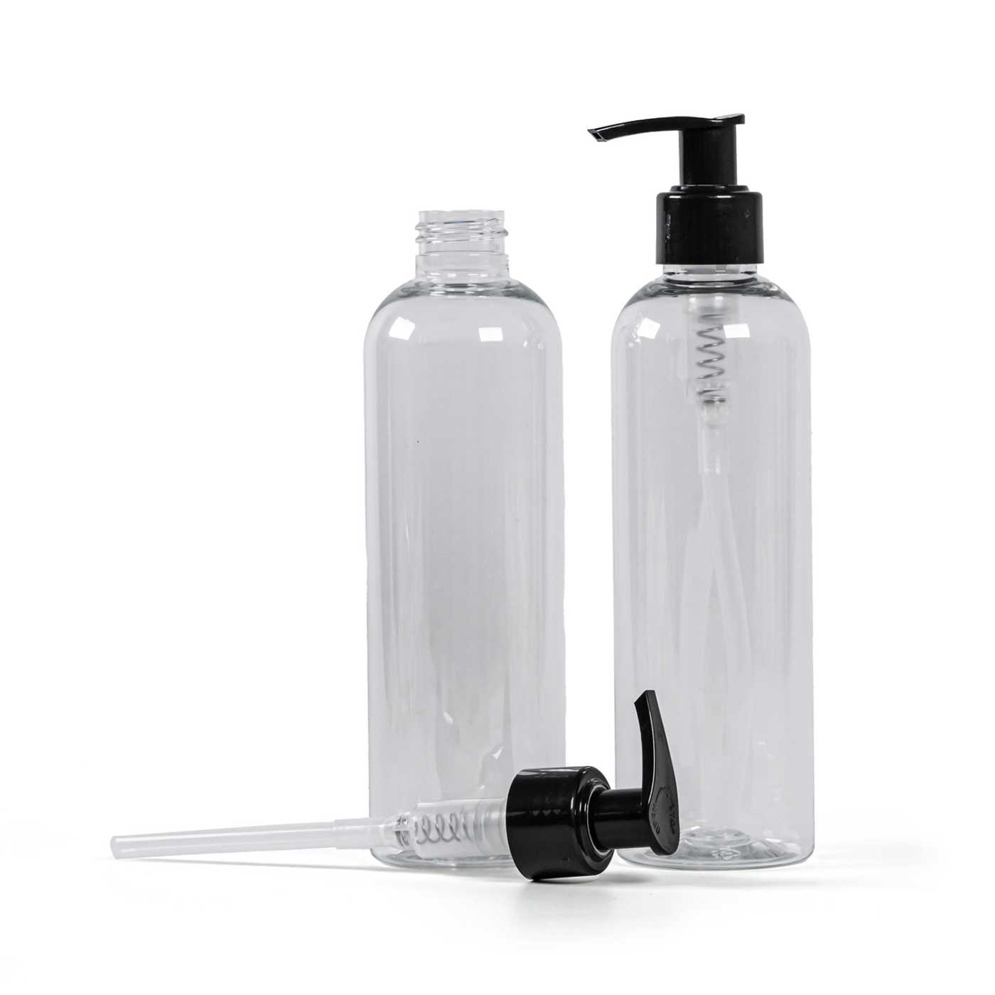 Átlátszó műanyag palack, fekete adagoló, 250 ml