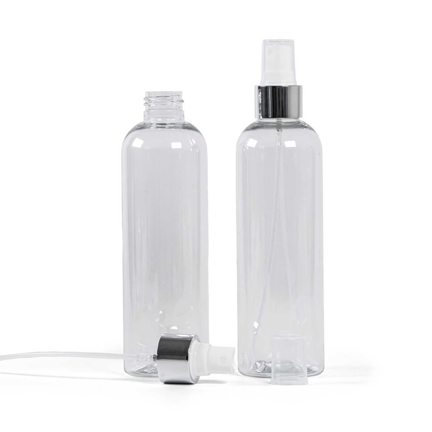 Átlátszó műanyag palack, fehér finompermetező, fényes ezüst gyűrű, 250 ml