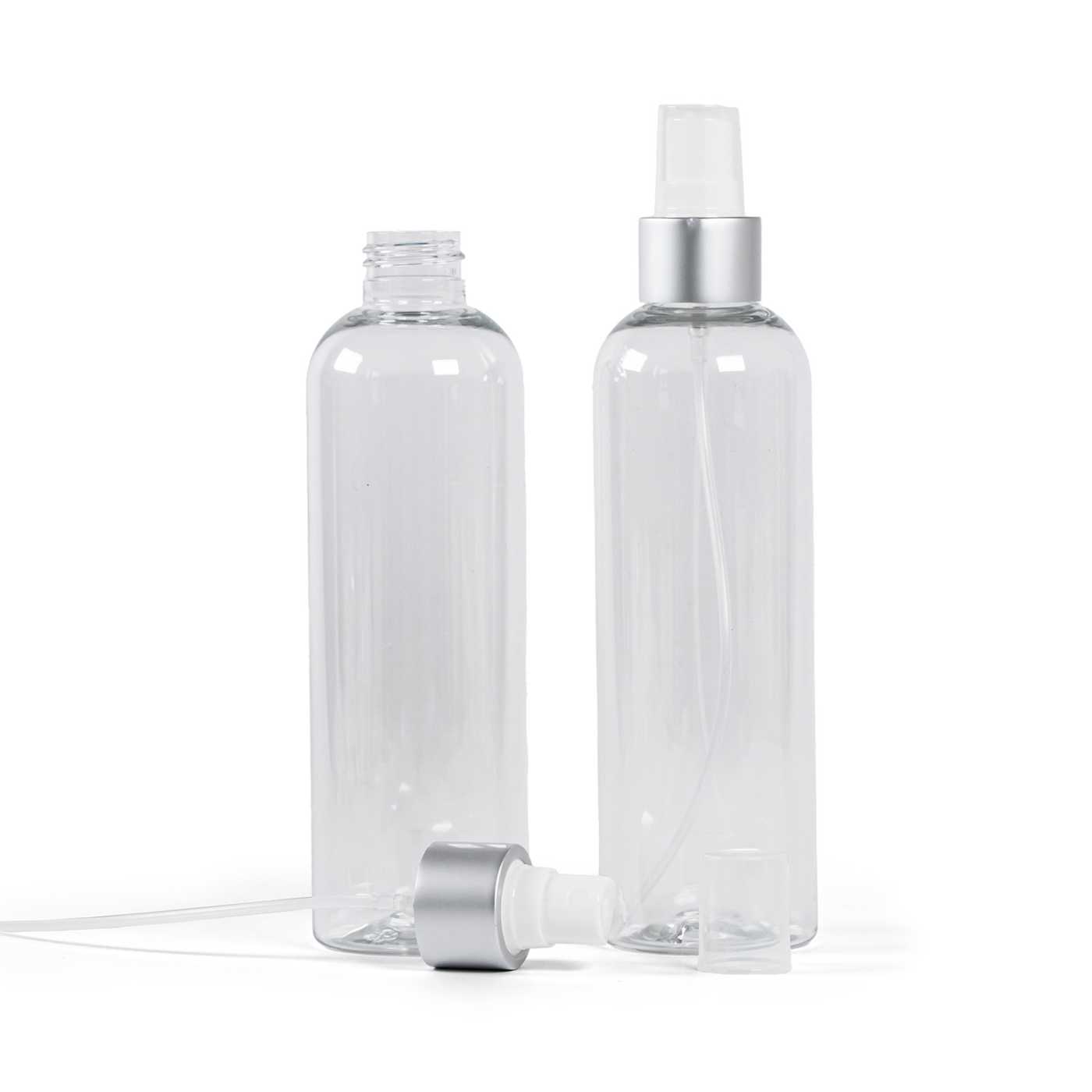 Átlátszó műanyag palack, fehér finompermetező, matt ezüst gyűrű, 250 ml