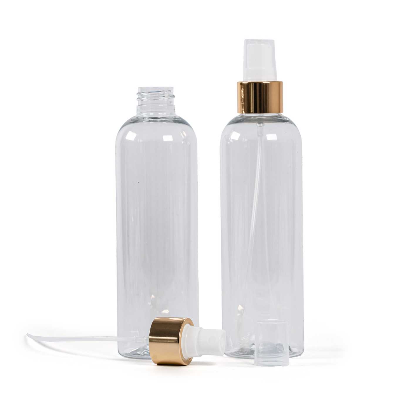 Átlátszó műanyag palack, fehér finompermetező, fényes arany gallér, 250 ml