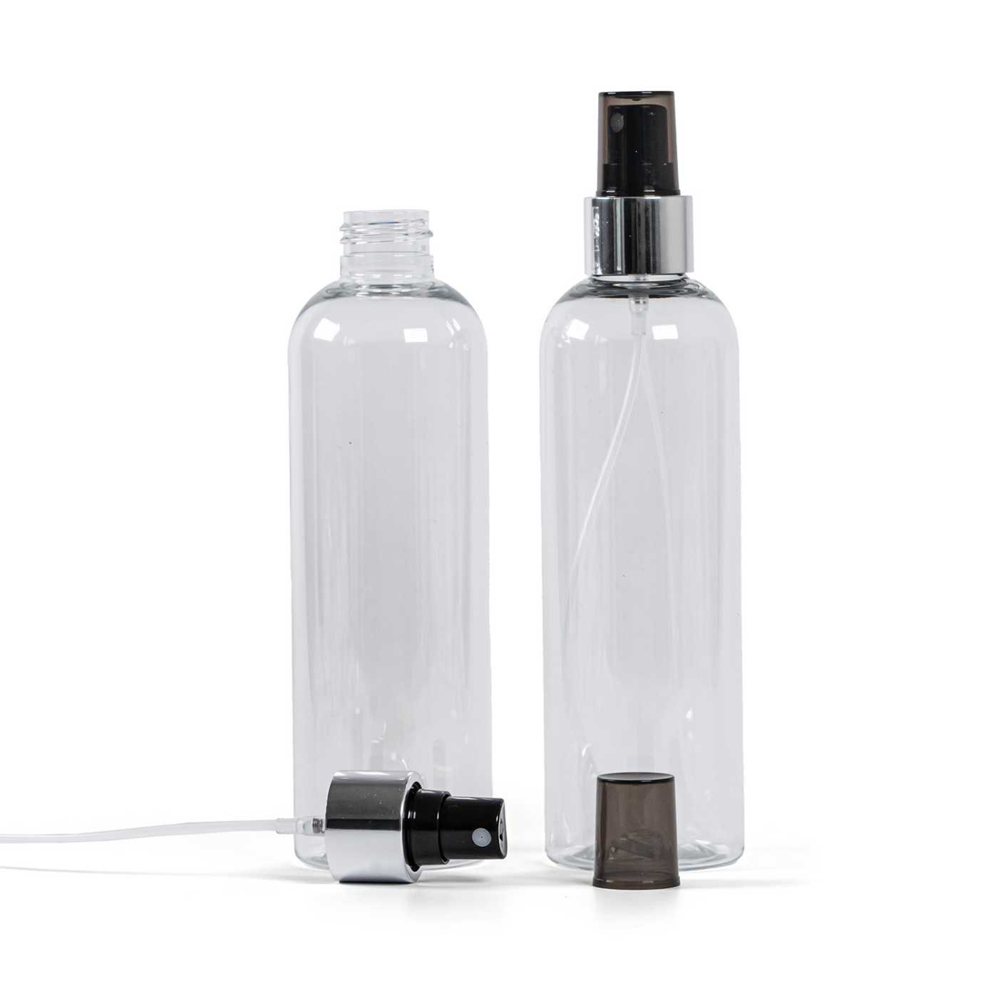 Butelka plastikowa przezroczysta, atomizer czarny, błyszcząca srebrna obręcz, 250 ml
