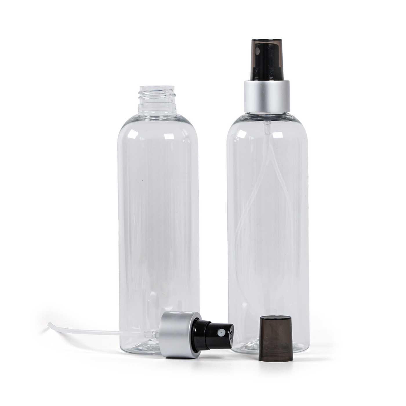 Butelka plastikowa przezroczysta, atomizer czarny, matowa srebrna obręcz, 250 ml
