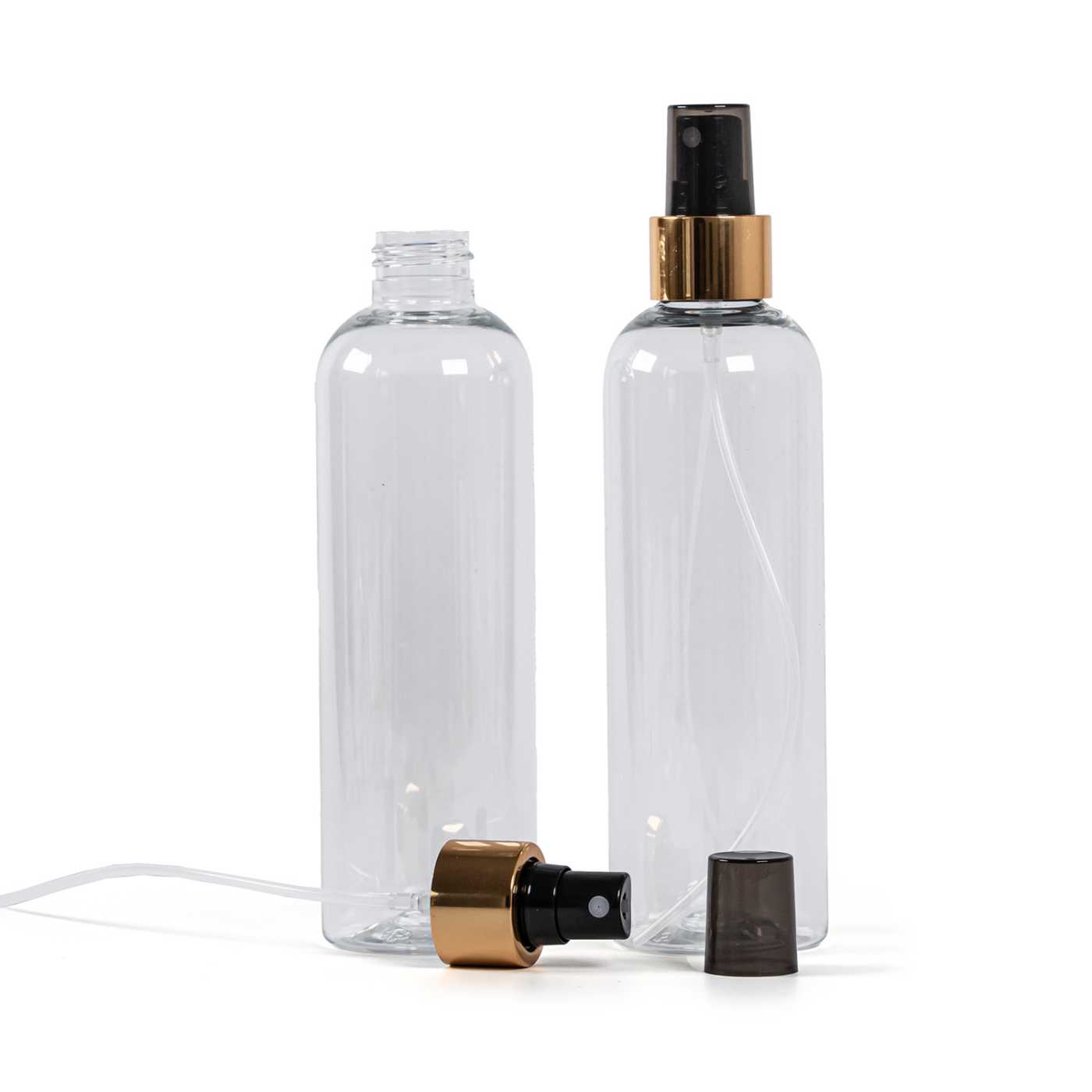 Butelka plastikowa przezroczysta, czarny atomizer, złota błyszcząca obręcz, 250 ml