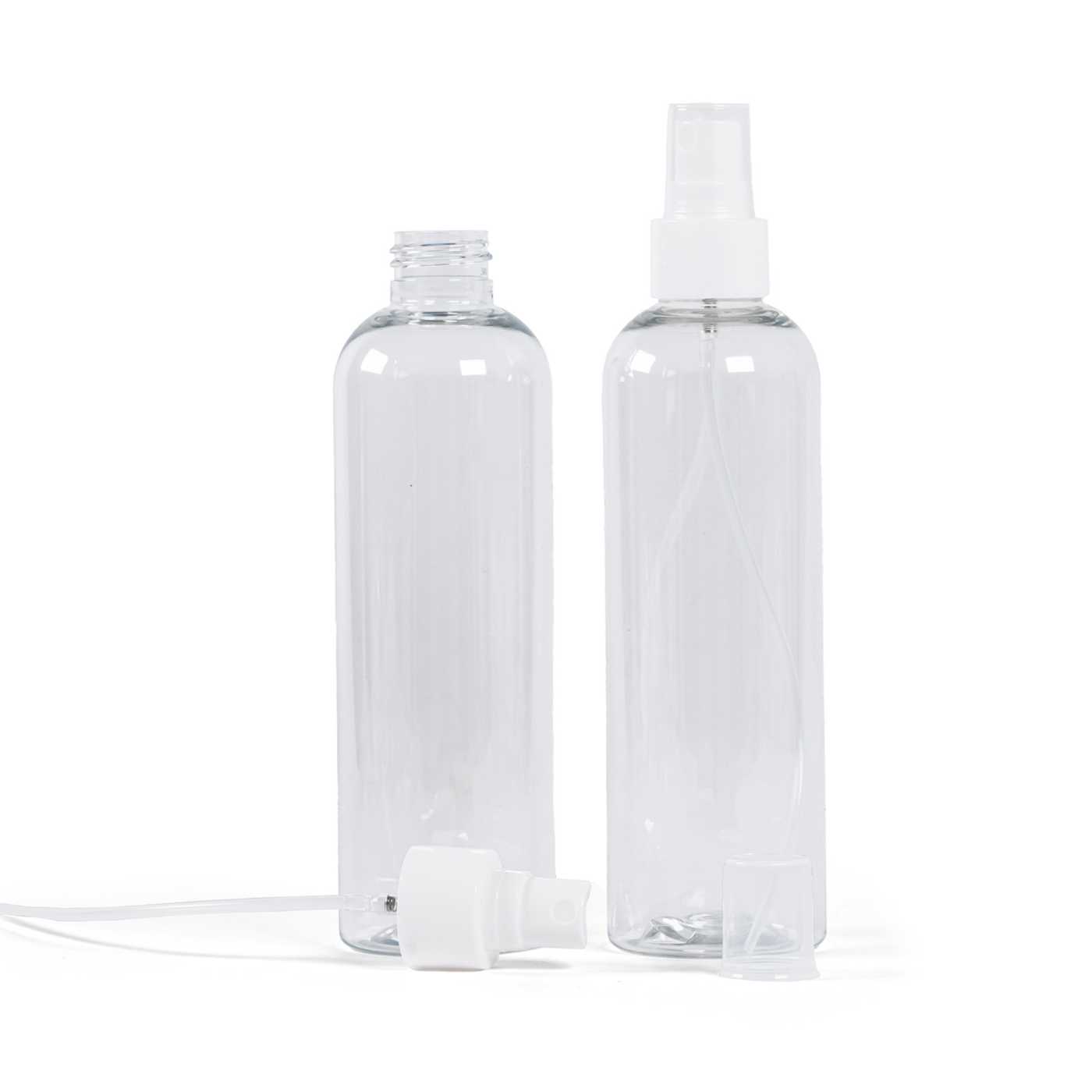 Átlátszó műanyag palack, fehér szórófej, 250 ml