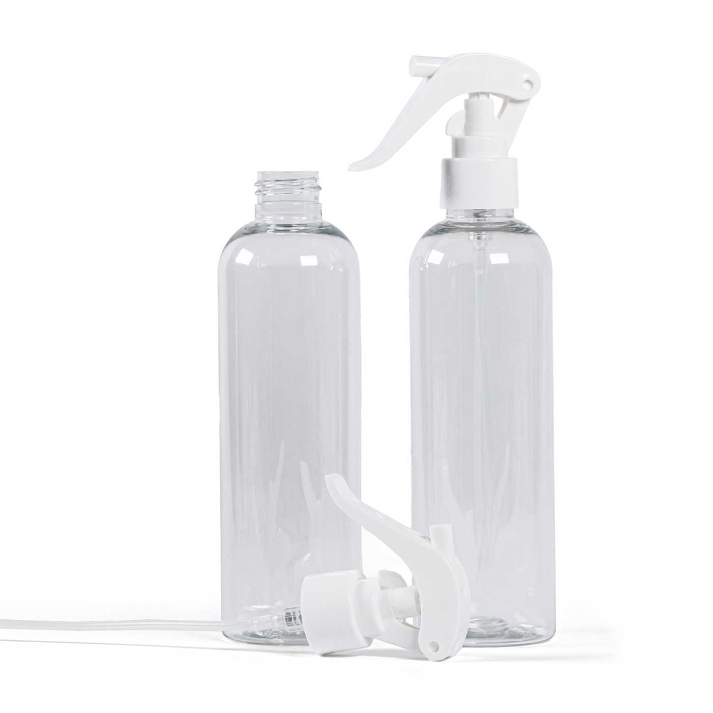 Átlátszó műanyag palack, fehér pisztolyos szórófej, 250 ml