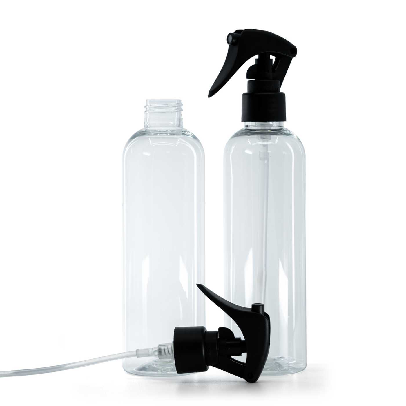 Bouteille en plastique transparente, pulvérisateur à gâchette noir mat, bague lisse, 250 ml
