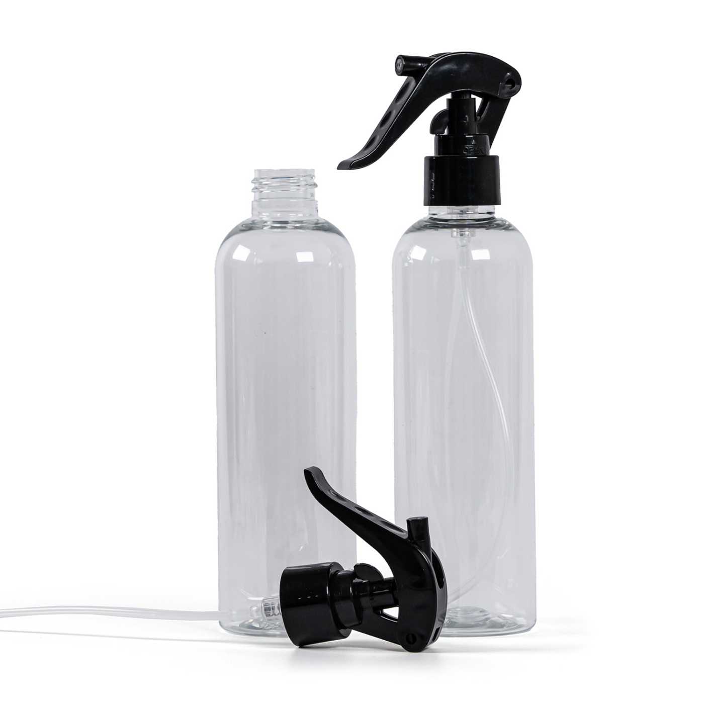 Butelka plastikowa przezroczysta, czarny spryskiwacz z dźwignią, 250 ml