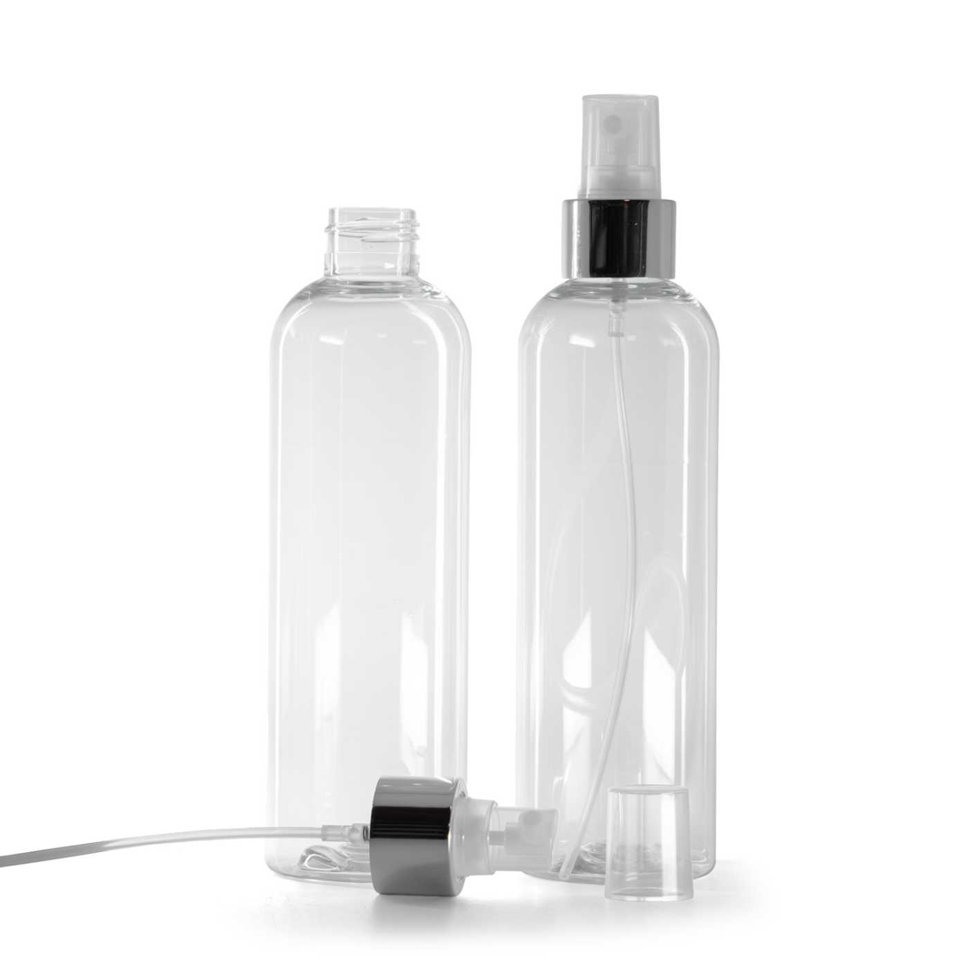 Butelka plastikowa przezroczysta, atomizer przezroczysty, błyszcząca srebrna obręcz, 250 ml