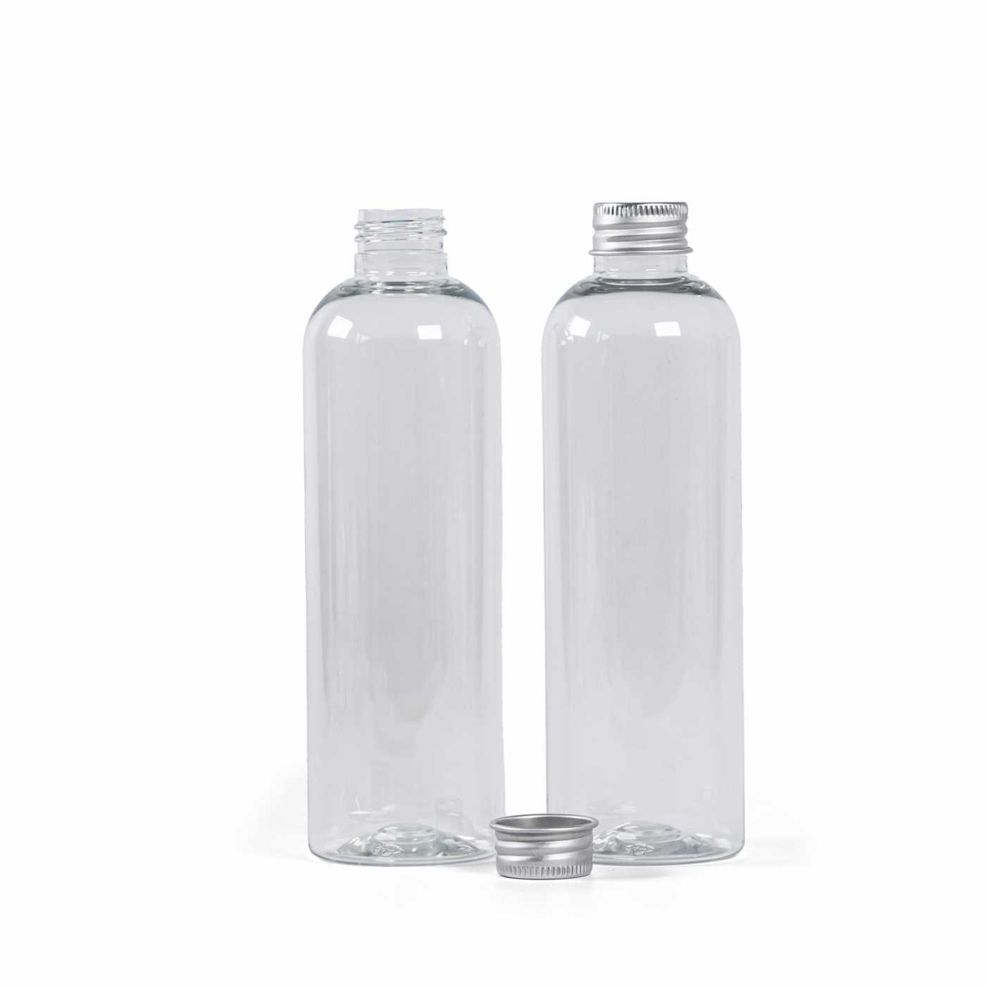 Átlátszó műanyag palack, 250 ml, ezüst alumínium kupak