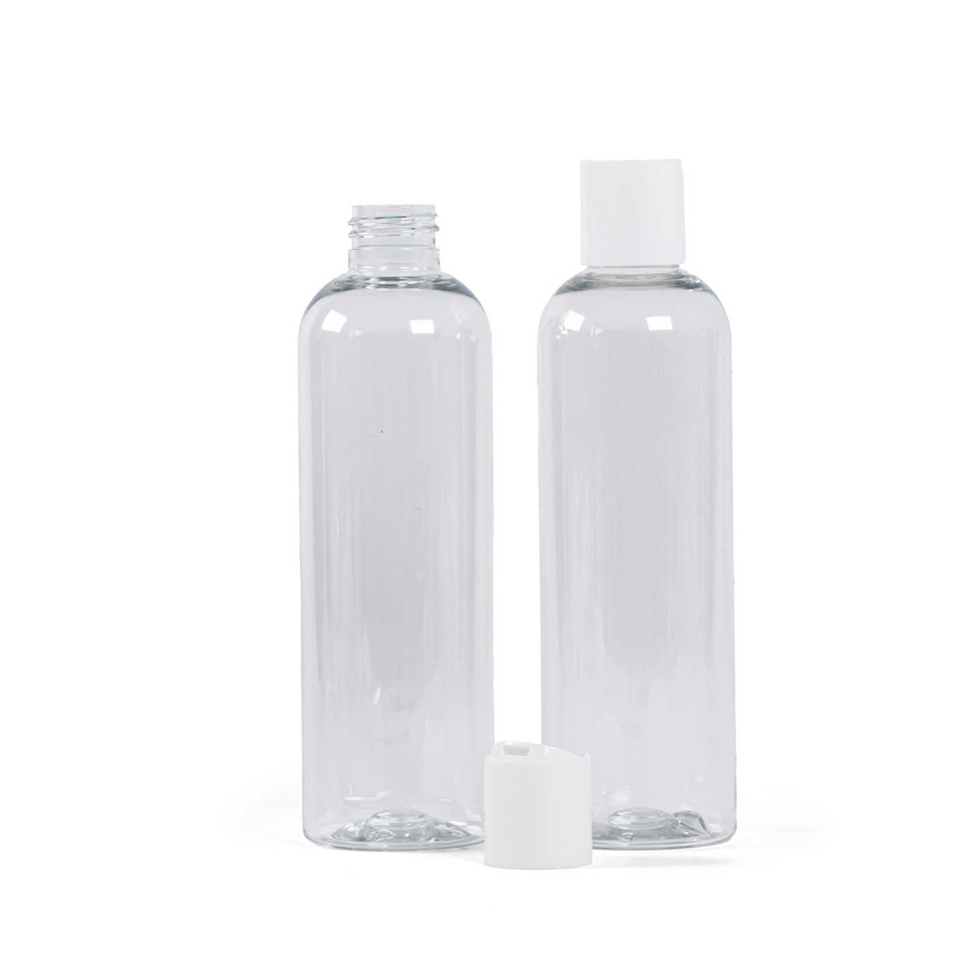 Átlátszó műanyag palack, fehér disc-top kupak, 250 ml