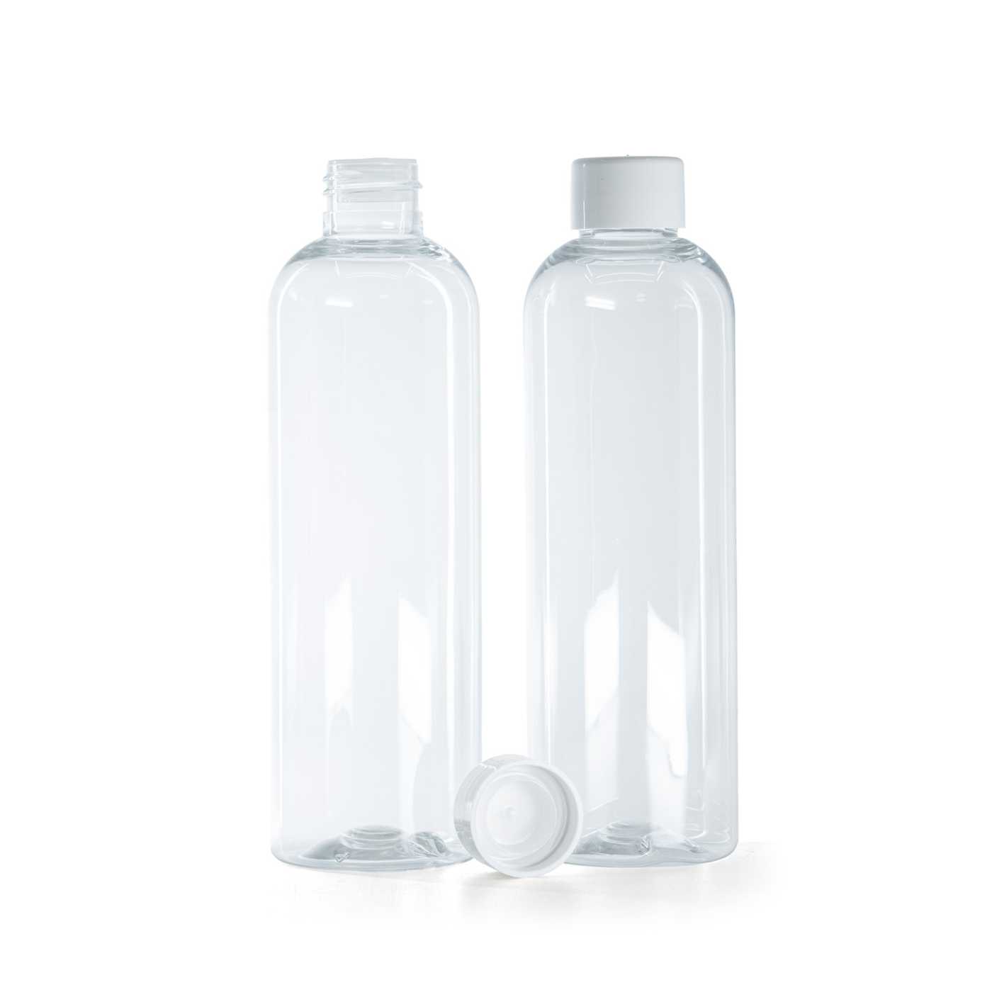 Átlátszó műanyag palack, fehér kupak redukcióval, 250 ml
