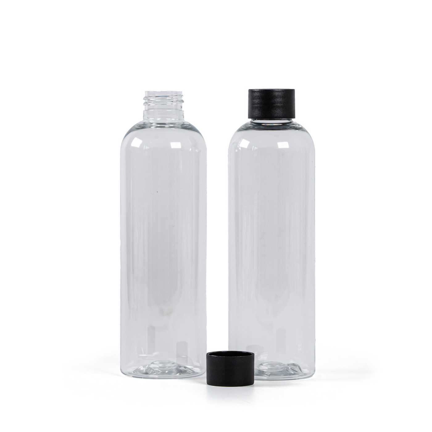 Átlátszó műanyag palack, 250 ml, matt fekete csavaros kupak, 24/410