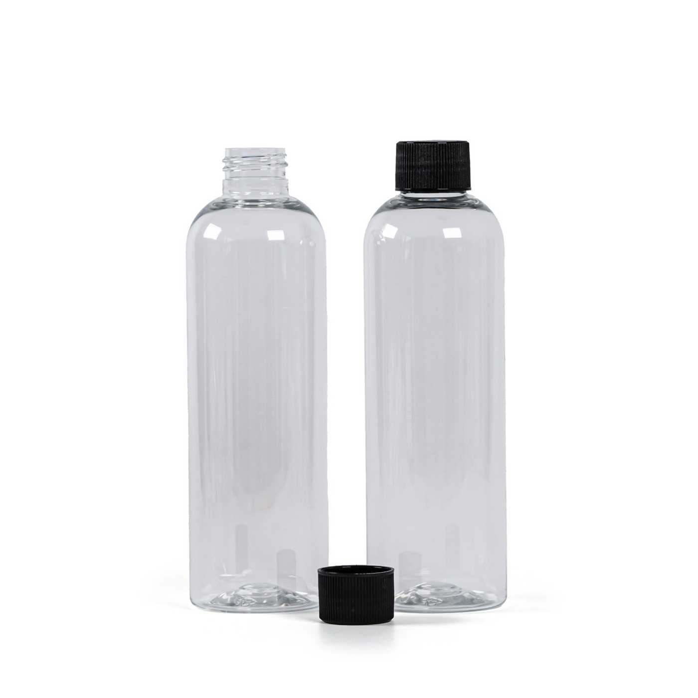 Átlátszó műanyag palack, 250 ml, fekete bordázott kupak