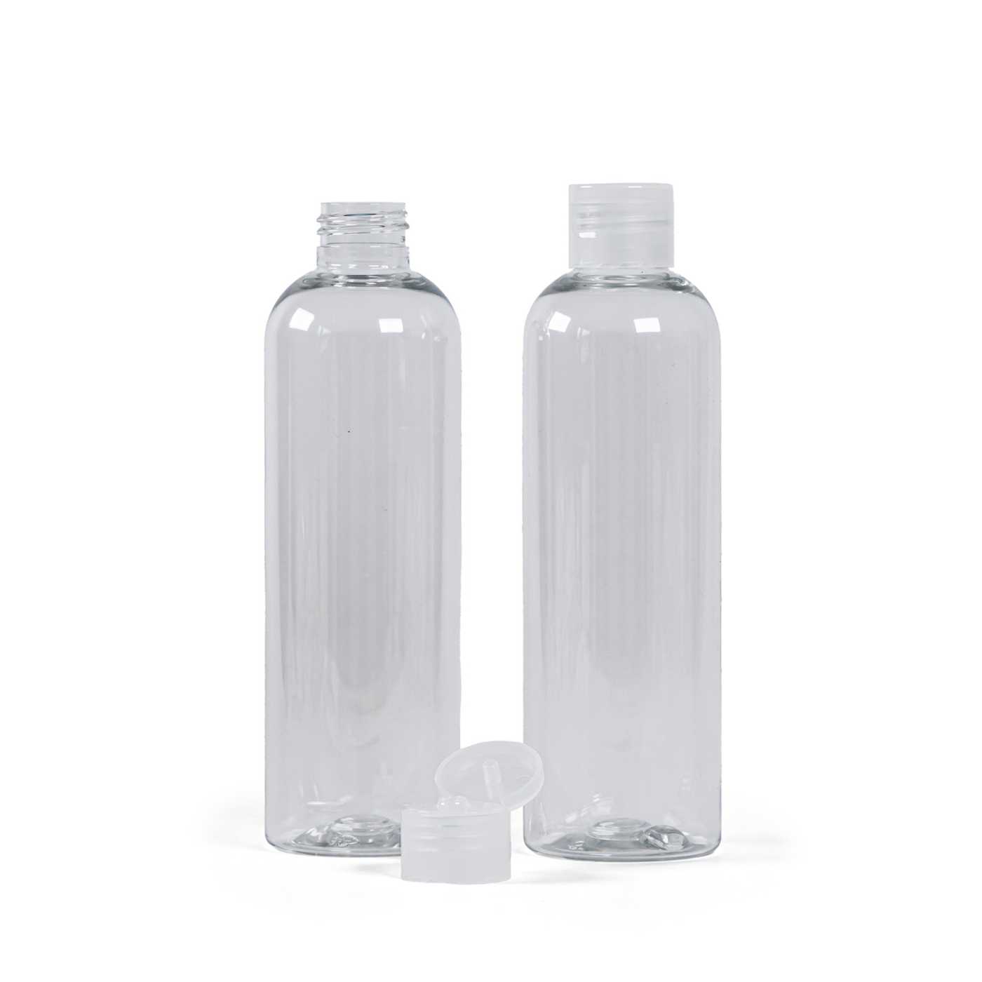 Átlátszó műanyag palack, átlátszó flip-top kupak, 250 ml
