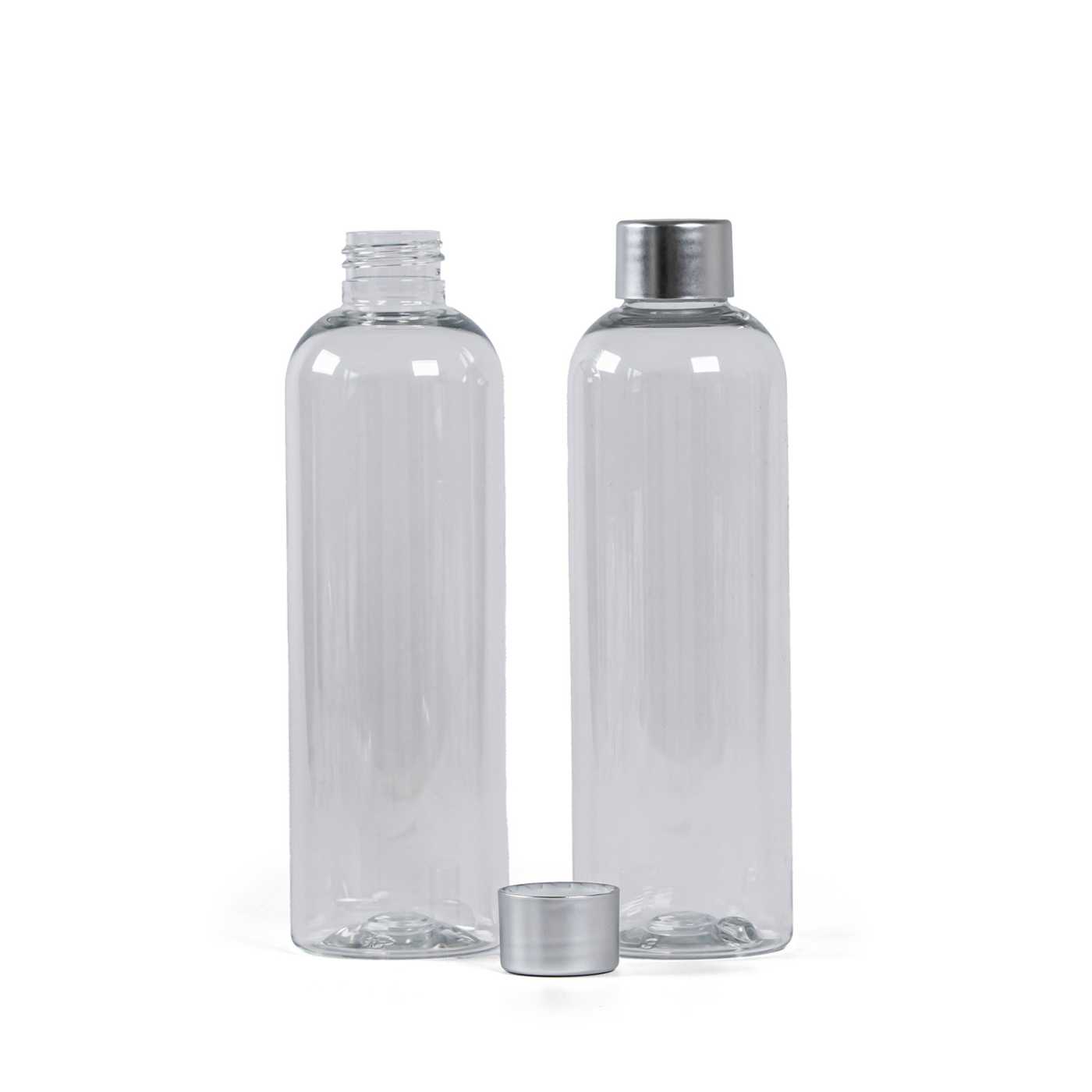 Átlátszó műanyag palack, 250 ml, matt ezüst kupak
