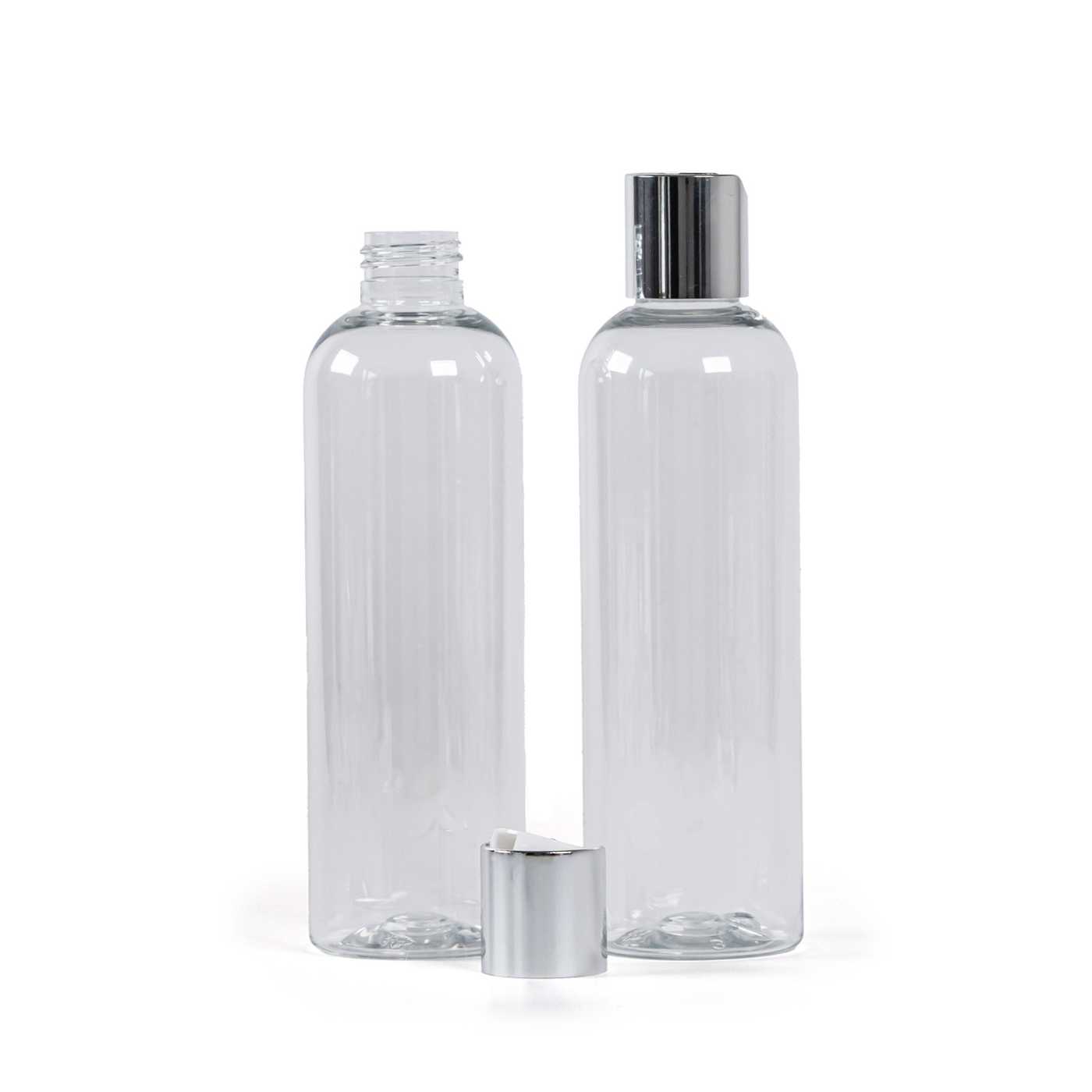 Átlátszó műanyag palack, ezüst disc-top kupak, 250 ml