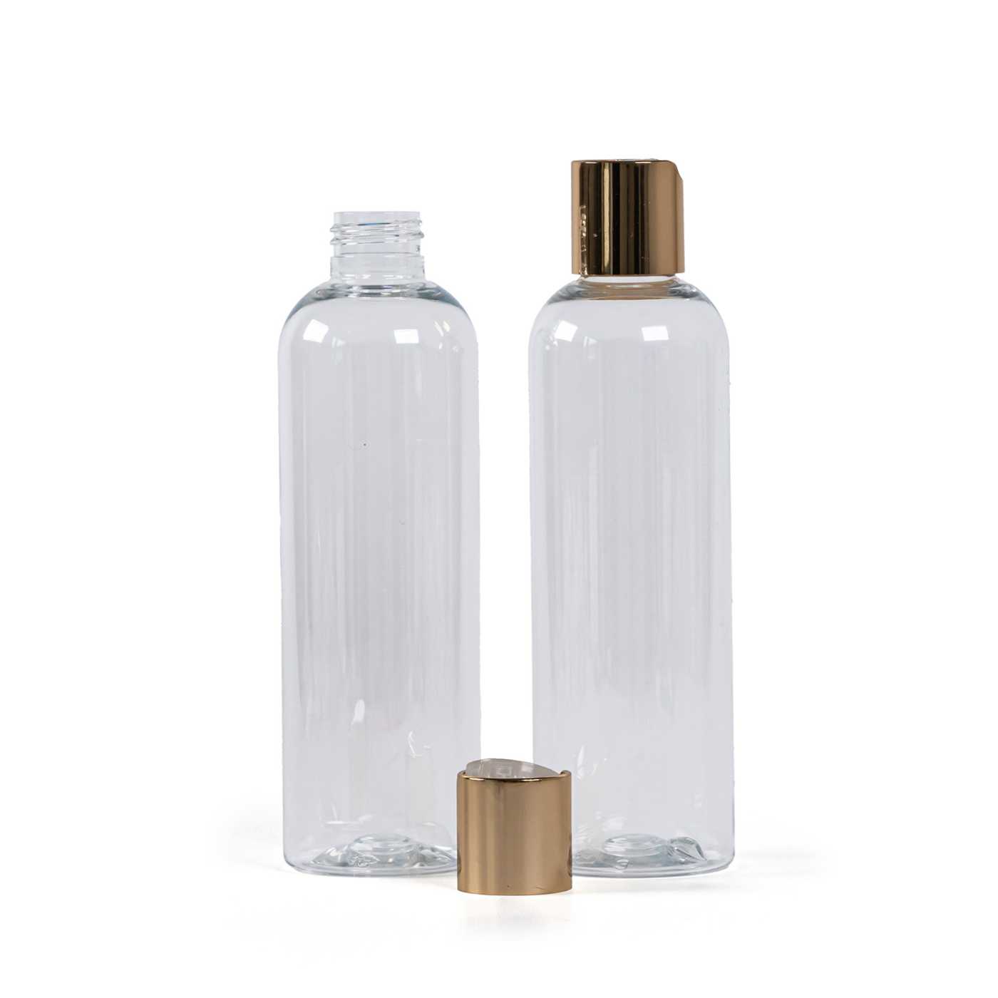 Átlátszó műanyag palack, arany disc-top kupak, 250 ml
