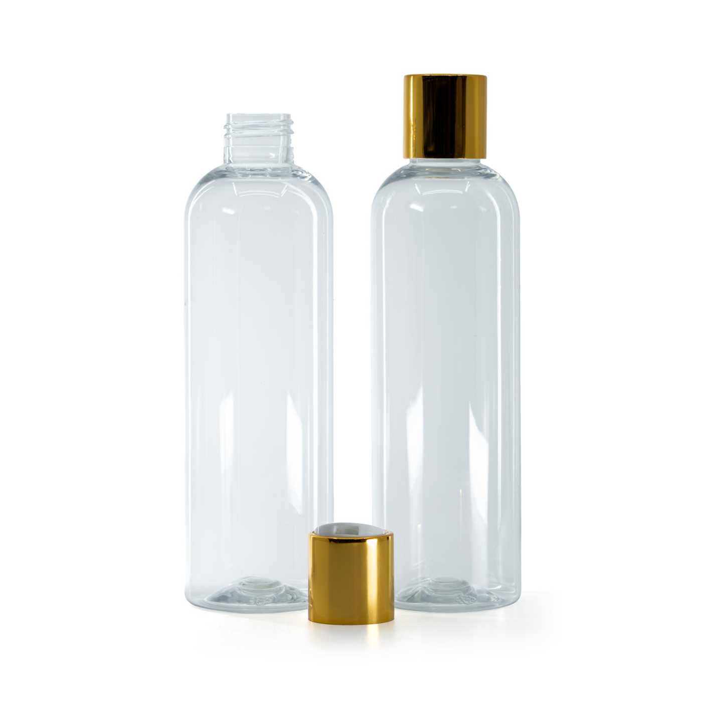 Átlátszó műanyag palack, arany disc-top csavaros kupak fehér betéttel, 250 ml