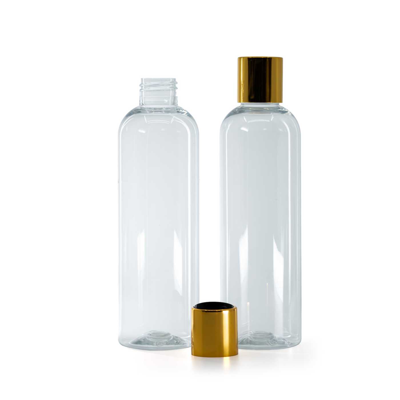 Átlátszó műanyag palack, disc-top kupak, arany, fekete betéttel, 250 ml