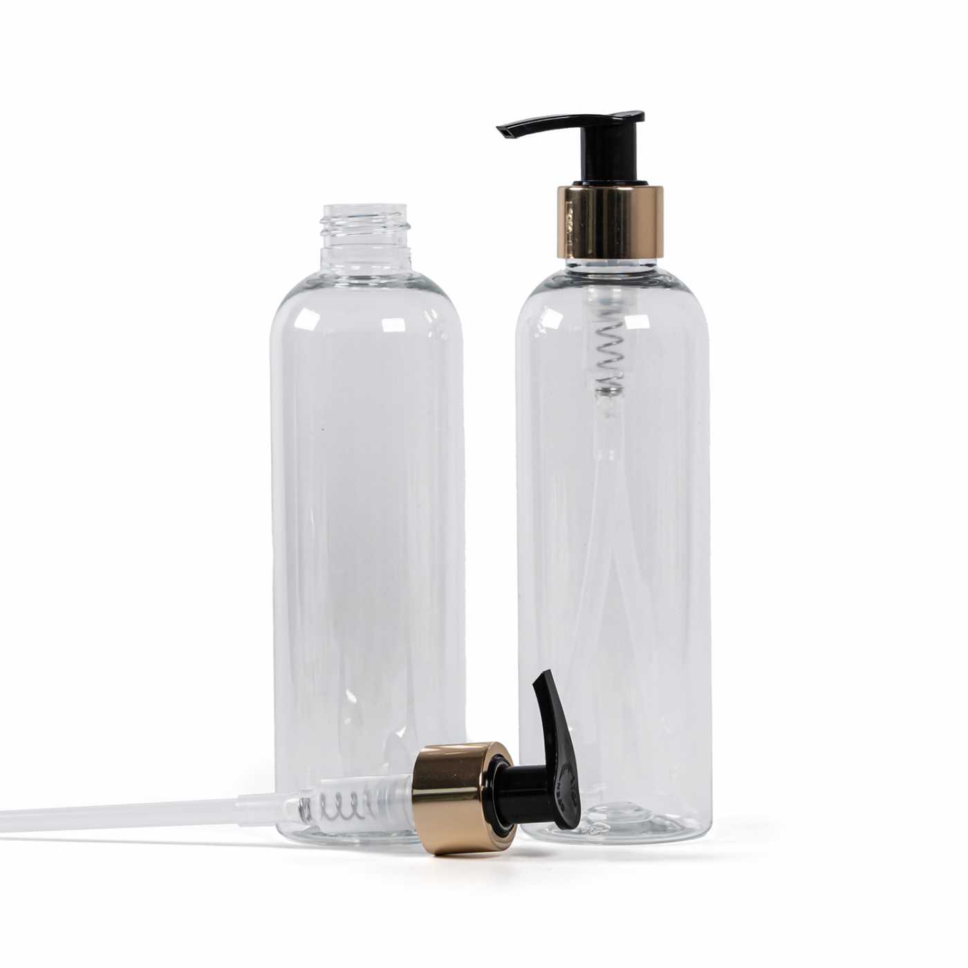 Kunststoffflasche, transparent, goldene Pumpe, 250 ml