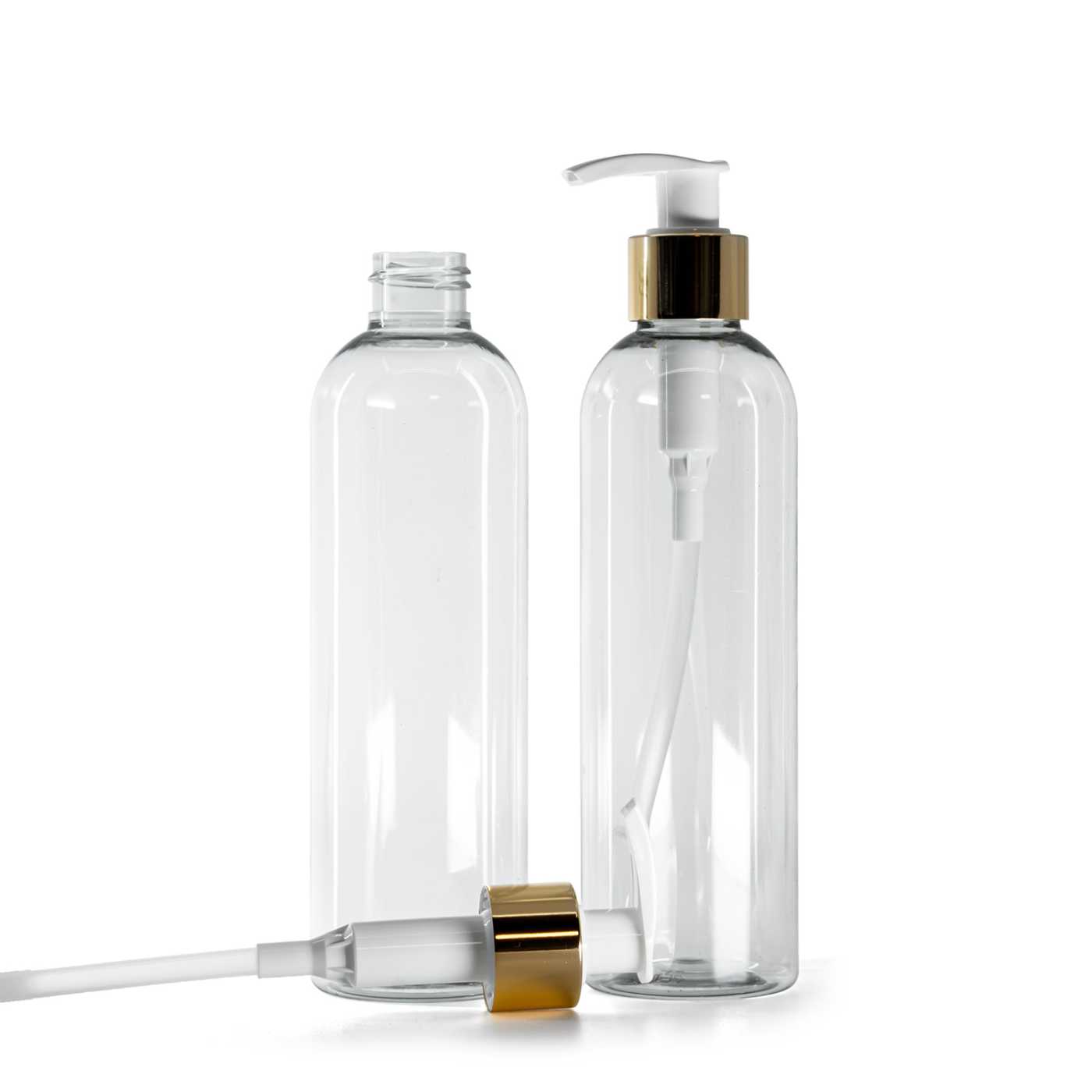Bouteille en plastique recyclé, distributeur de crème blanc avec collerette lisse dorée, 250 ml