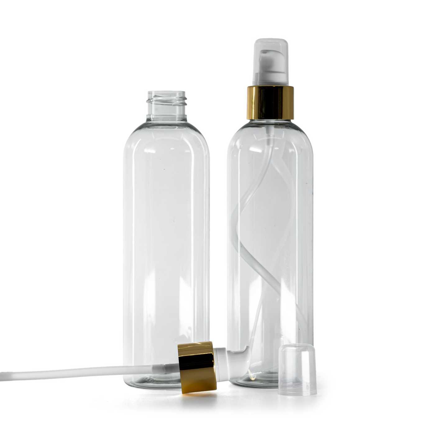 Bouteille en plastique recyclé, pompe lotion blanche avec surcapuchon doré, 250 ml