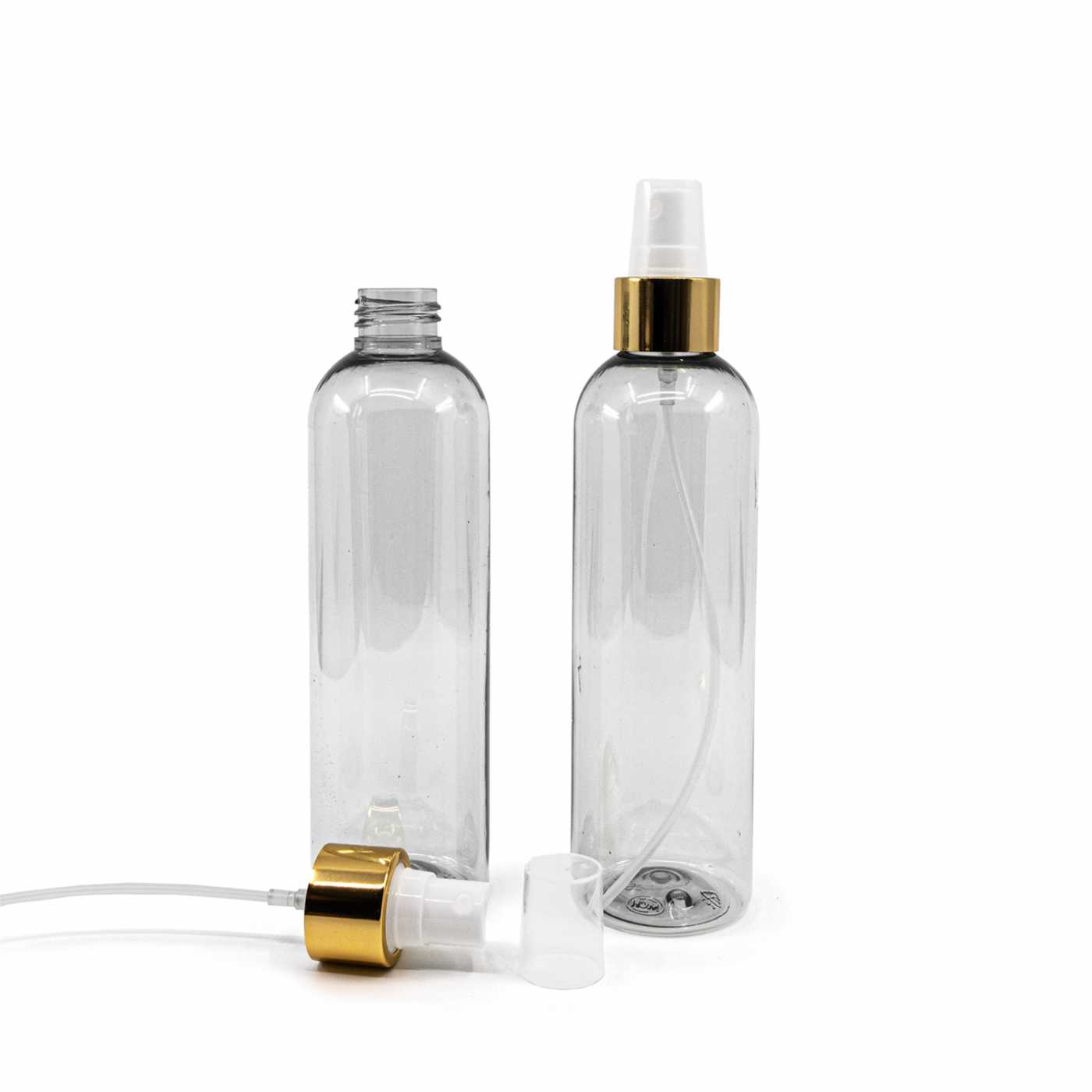 Bouteille en plastique recyclé, vaporisateur blanc, bague dorée brillante, 250 ml