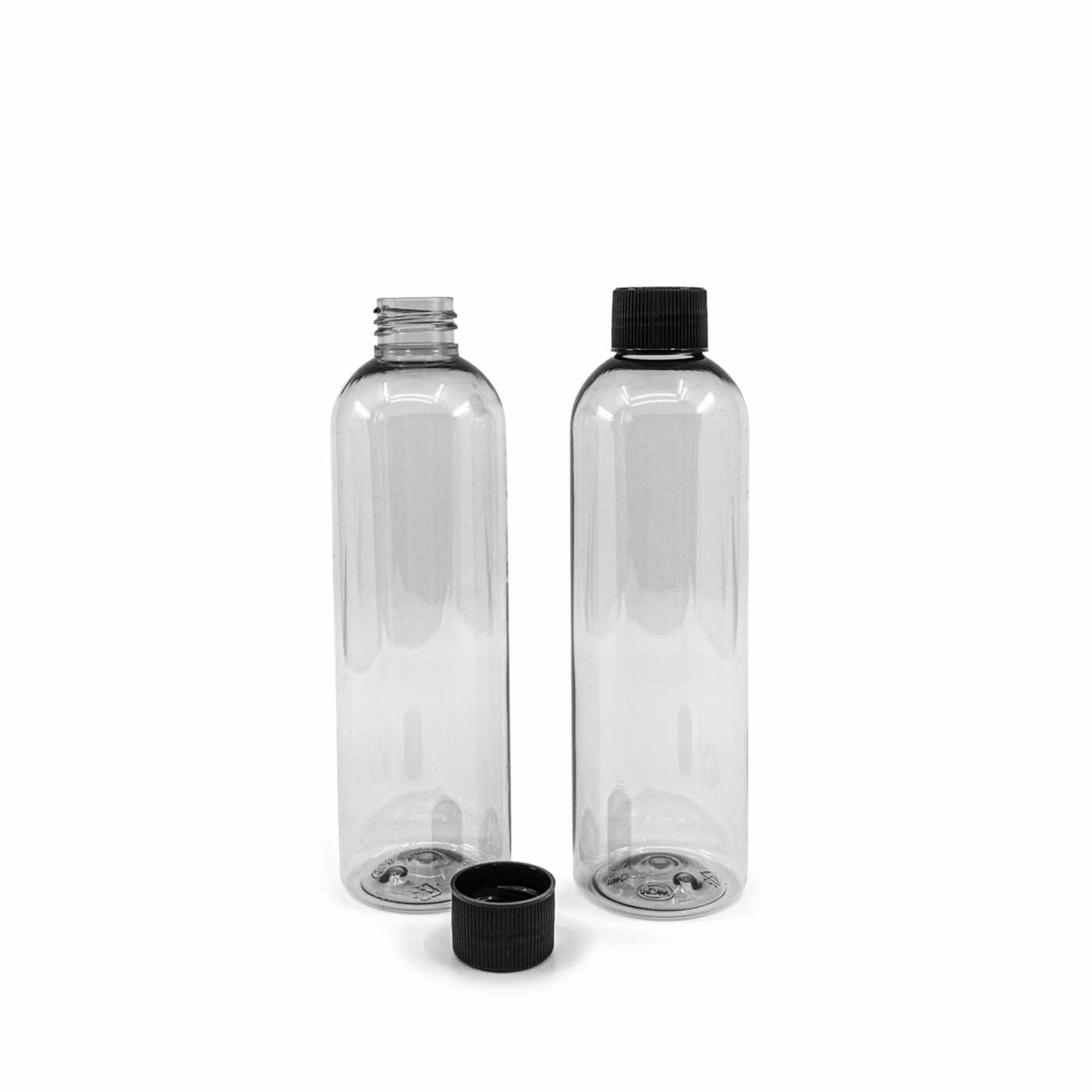 Flacon en plastique recyclé transparent, 250 ml, bouchon nervuré noir