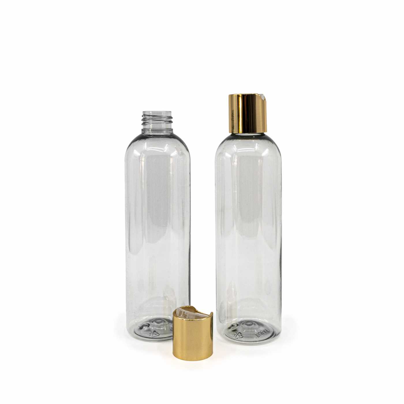 Újrahasznosított, átlátszó műanyag palack, 250 ml, arany színű disc-top kupak