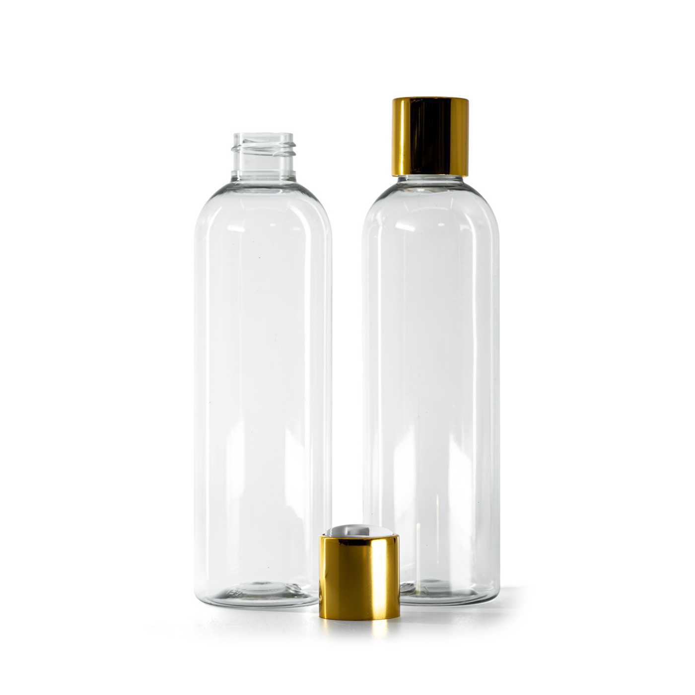 Újrahasznosított műanyag palack, fehér műanyag disc-top kupak arany alumínium gallérral, 250 ml