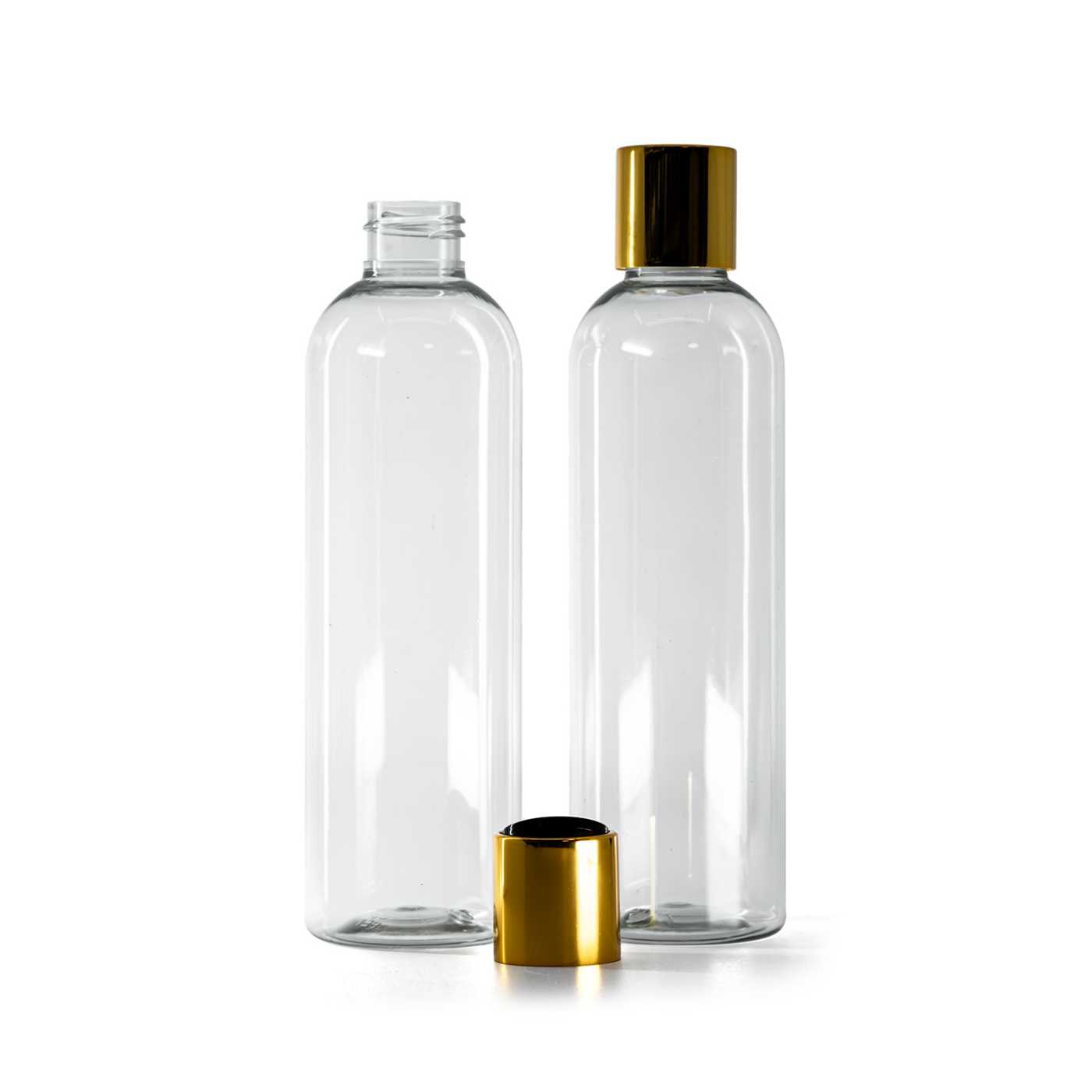 Kunststoffflasche, recycelt, goldener Disc-Top-Verschluss mit schwarzem Einsatz, 250 ml