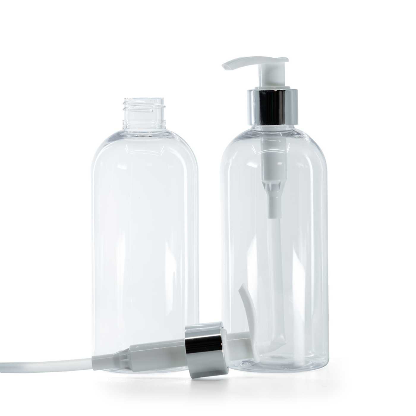 Butelka plastikowa przezroczysta okrągła, biało-srebrny dozownik, 300 ml