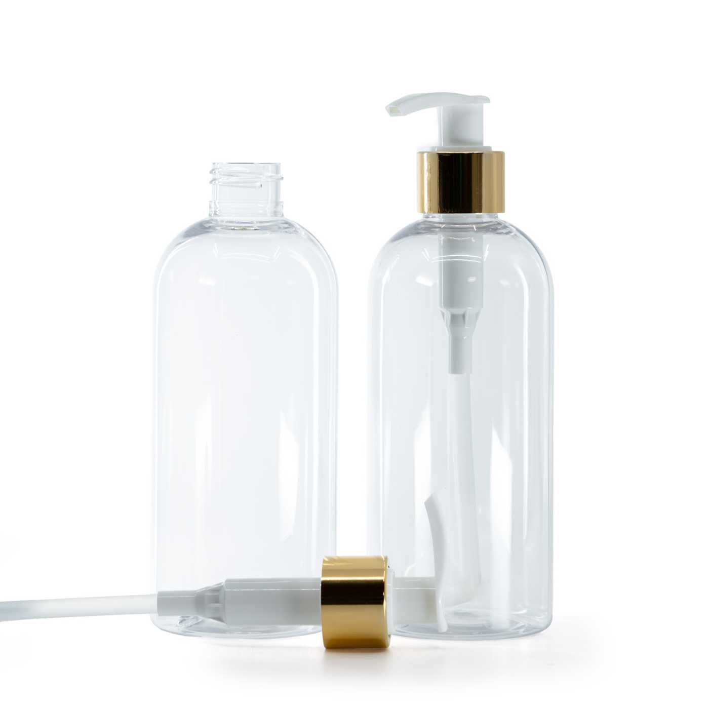 Butelka plastikowa przezroczysta okrągła, biało-złoty dozownik, 300 ml