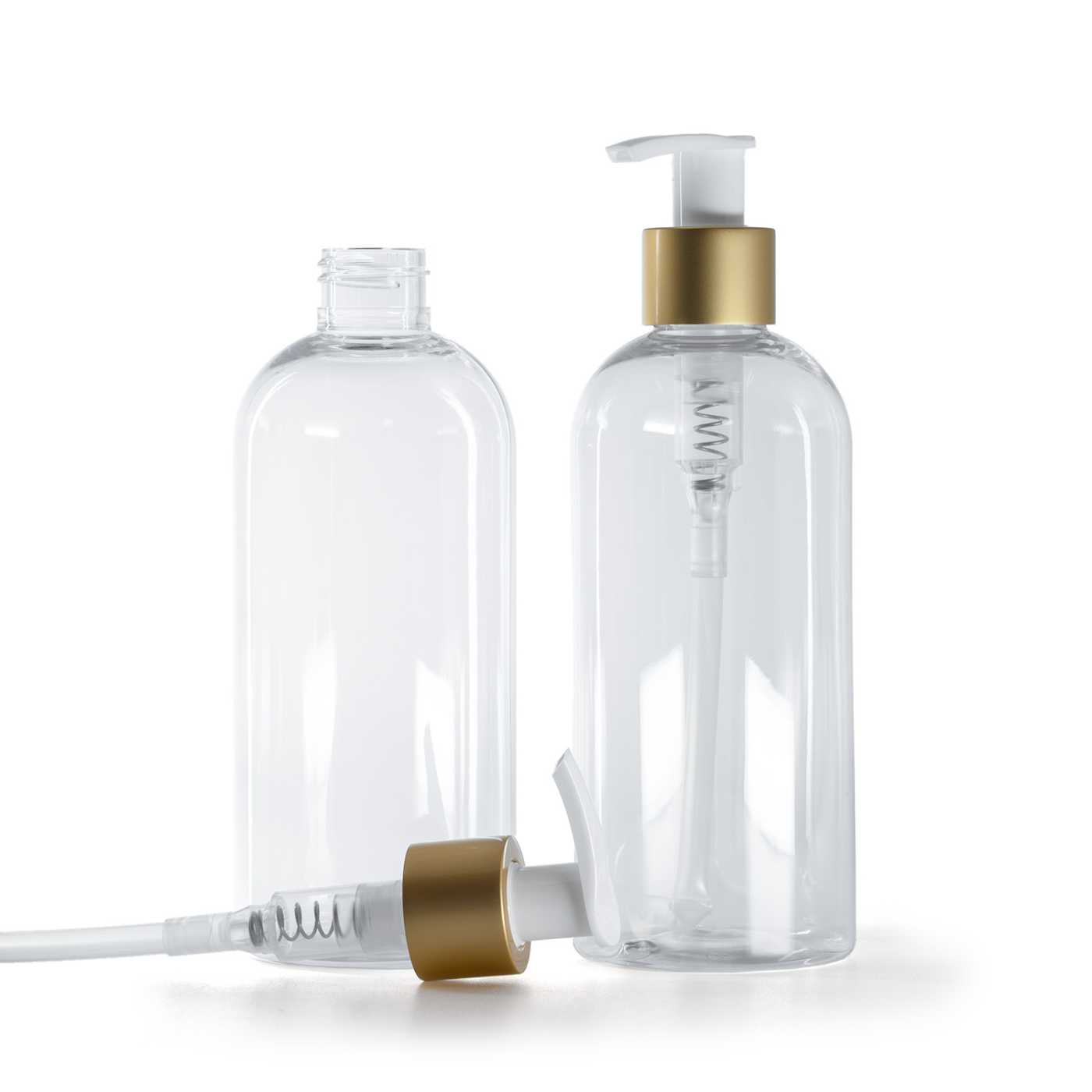 Butelka plastikowa przezroczysta, okrągła, biało-złoty matowy dozownik, 300 ml
