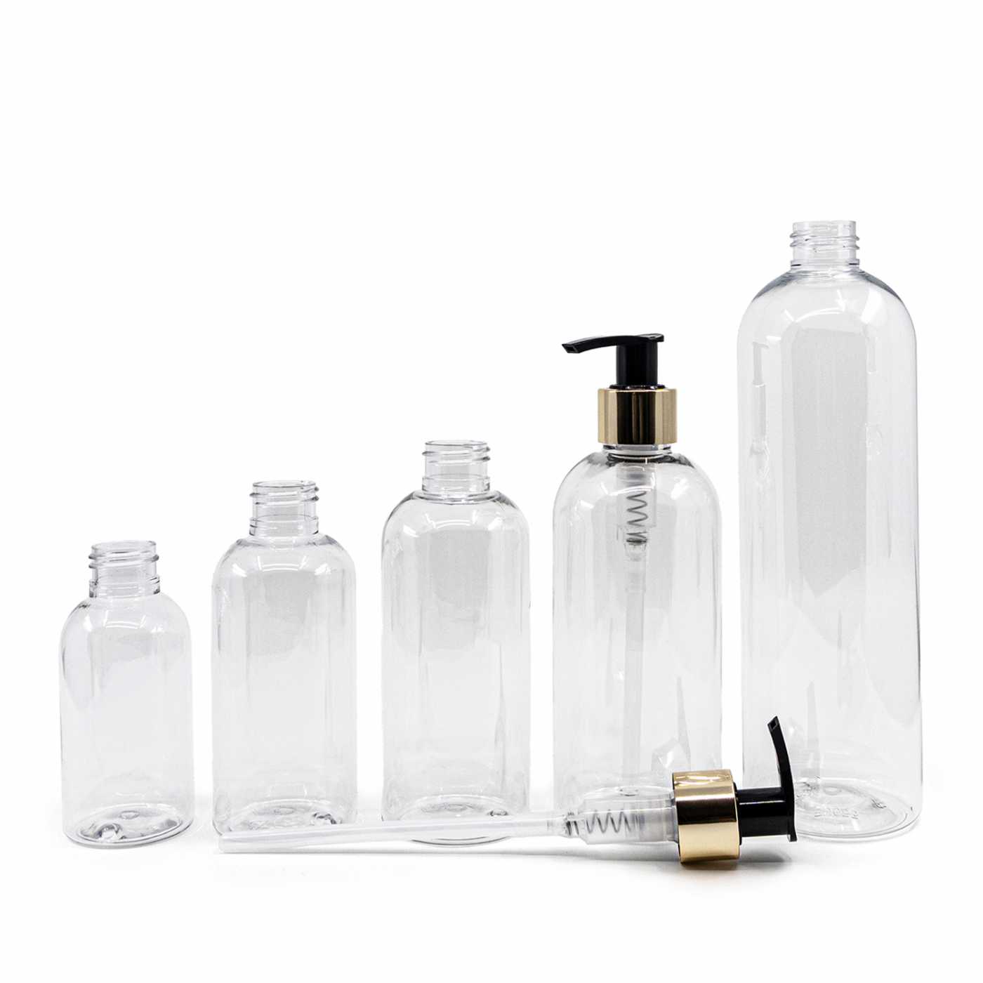 Butelka plastikowa przezroczysta okrągła, dozownik złoty, 300 ml