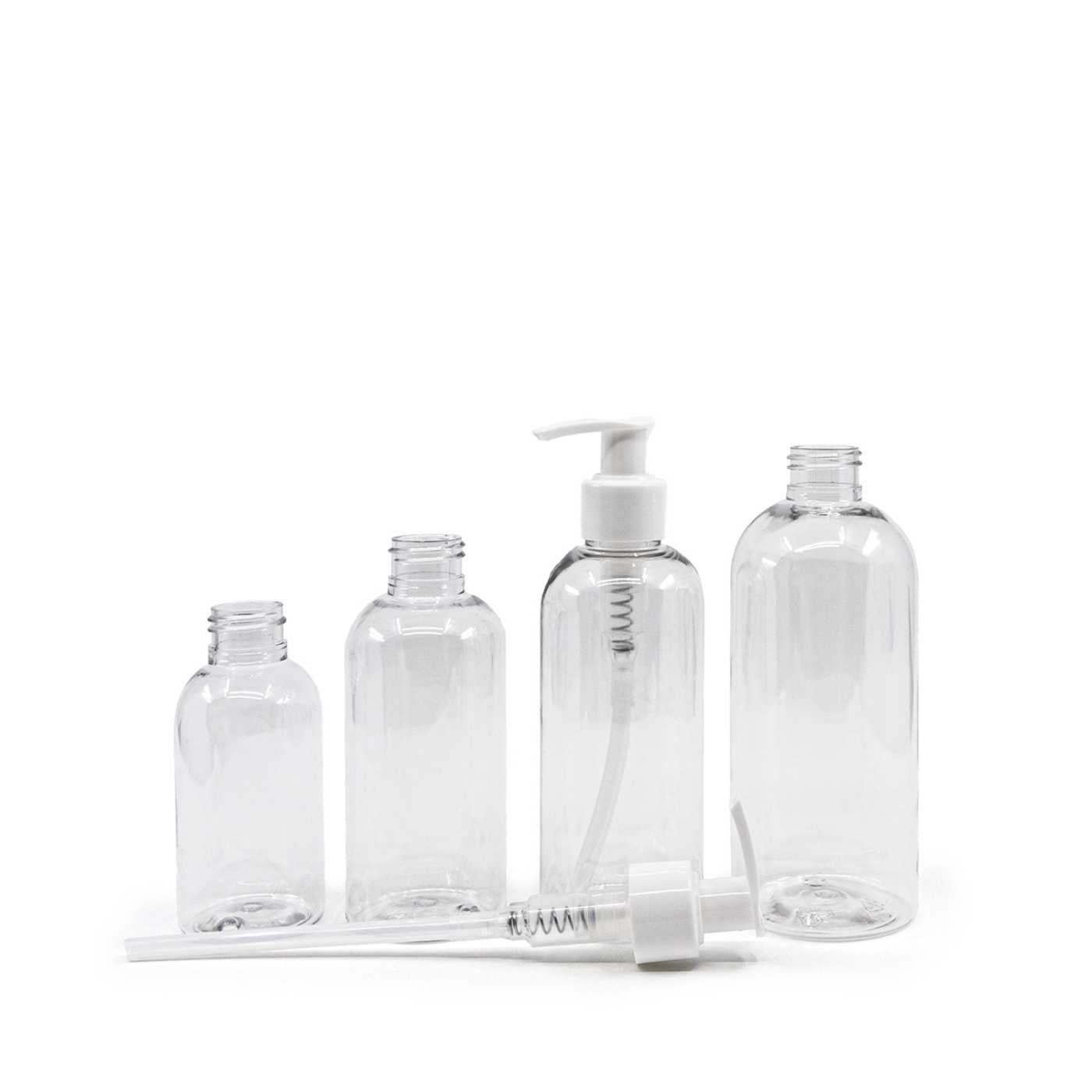Butelka plastikowa przezroczysta okrągła, biały dozownik, 300 ml