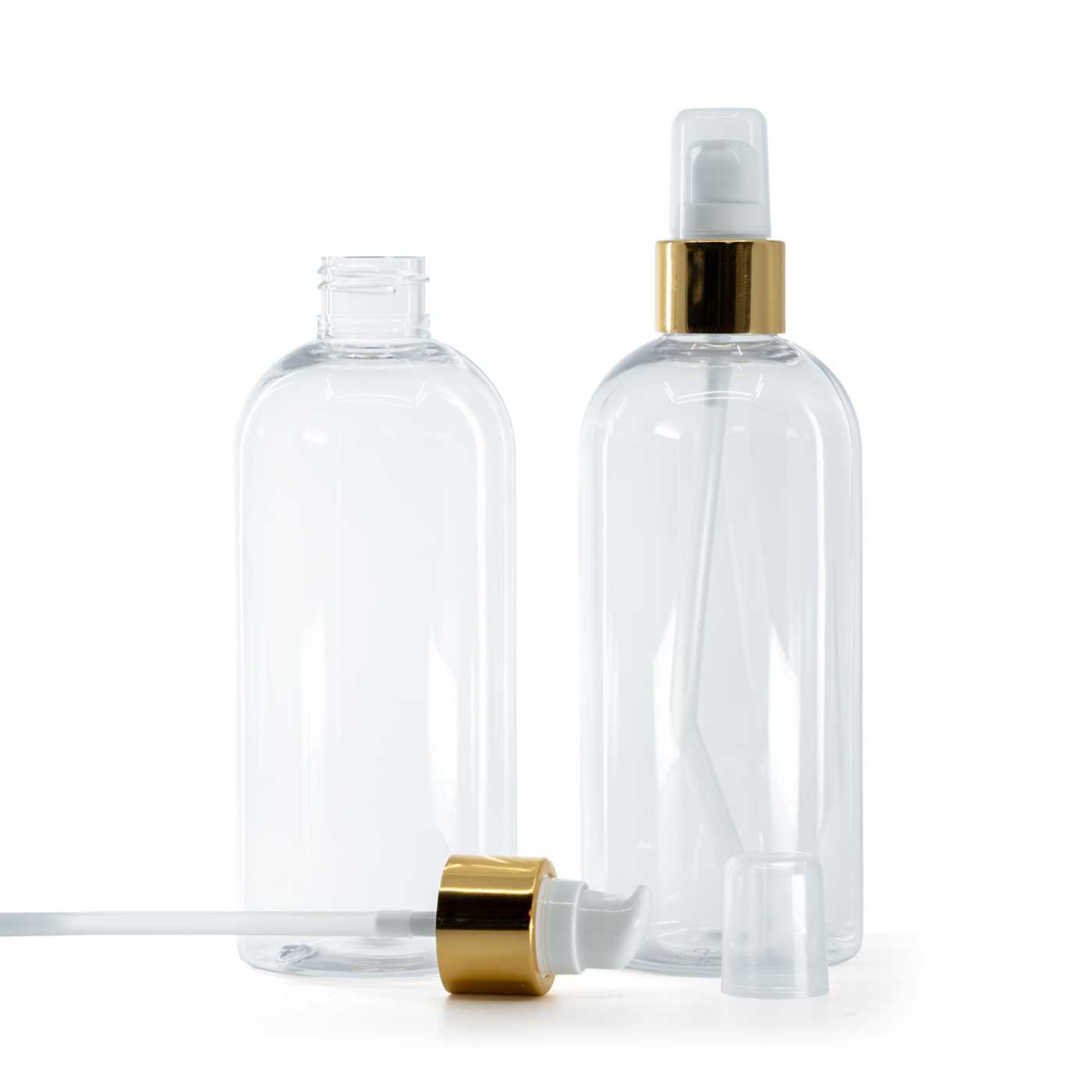 Butelka plastikowa przezroczysta, okrągła, dozownik z nakładką, biało-złoty, 300 ml