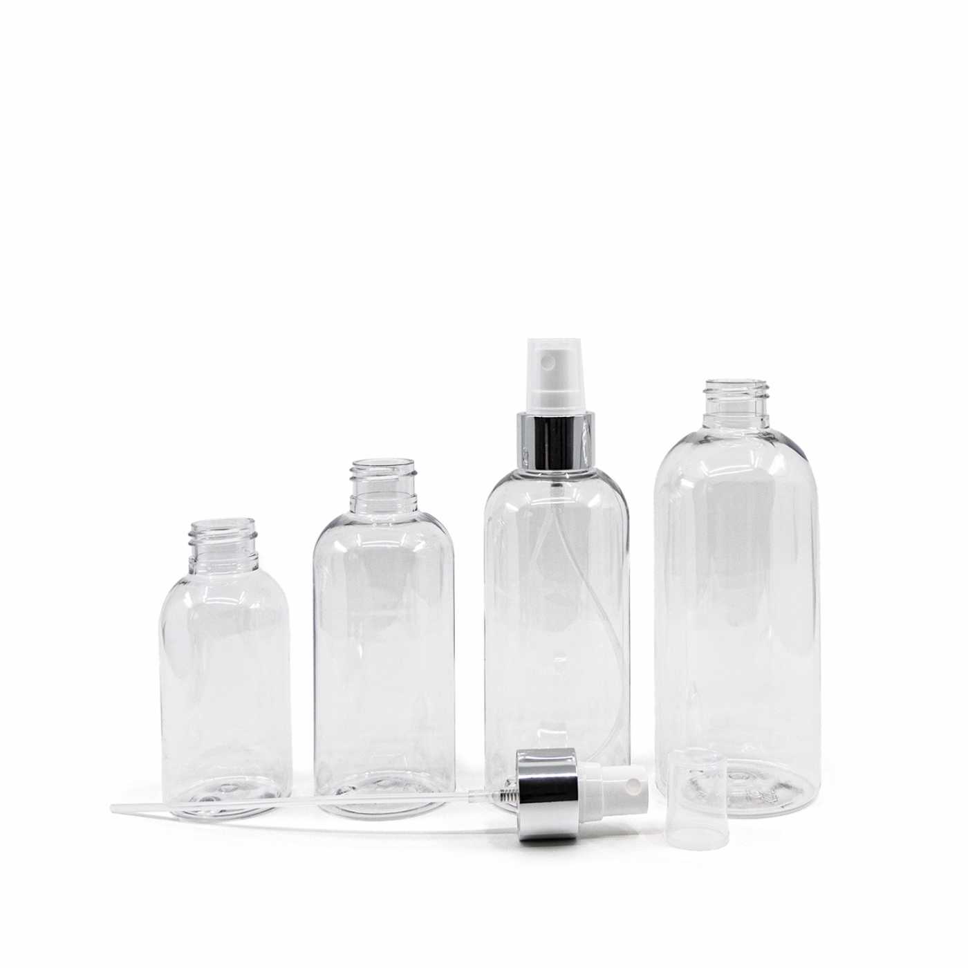 Átlátszó műanyag palack, fehér finompermetező, fényes ezüst gyűrű, 300 ml