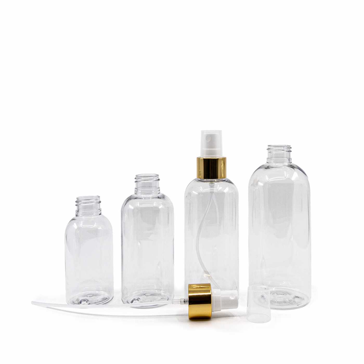 Butelka plastikowa przezroczysta okrągła, biały atomizer, błyszczący złoty pierścień, 300 ml