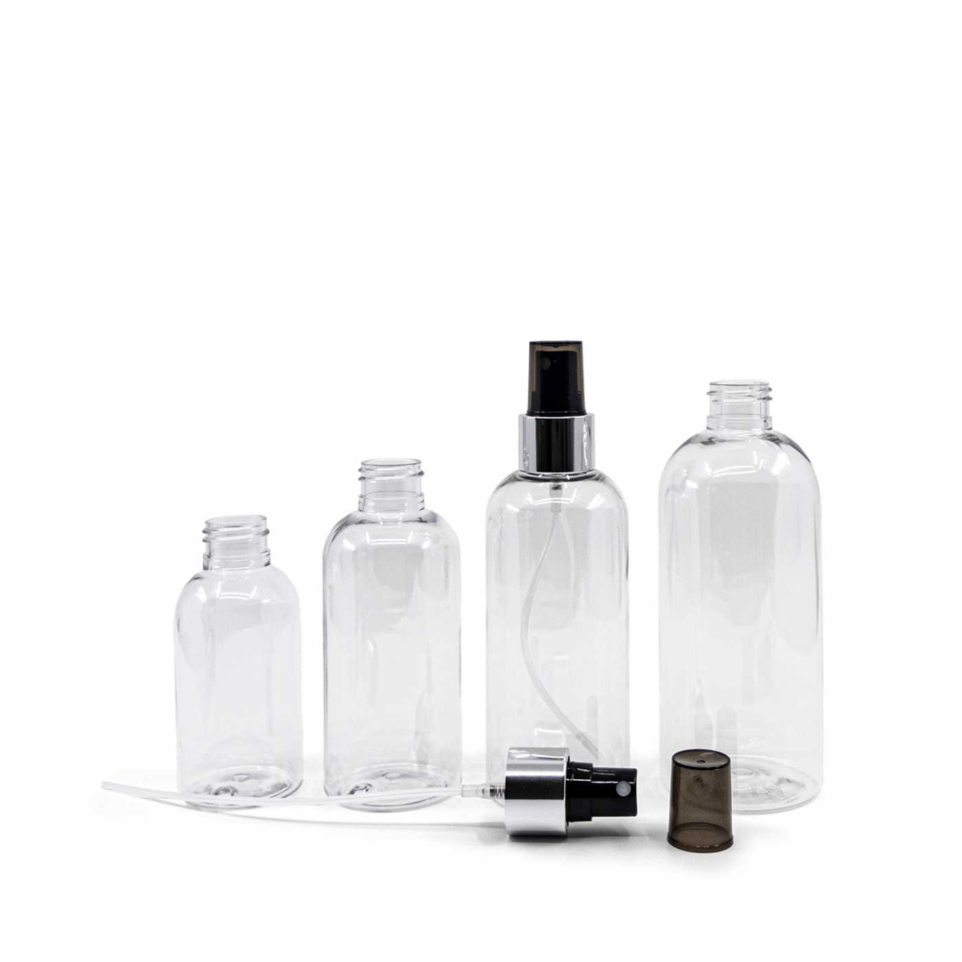 Butelka plastikowa przezroczysta okrągła, atomizer czarny, srebrna błyszcząca obręcz, 300 ml