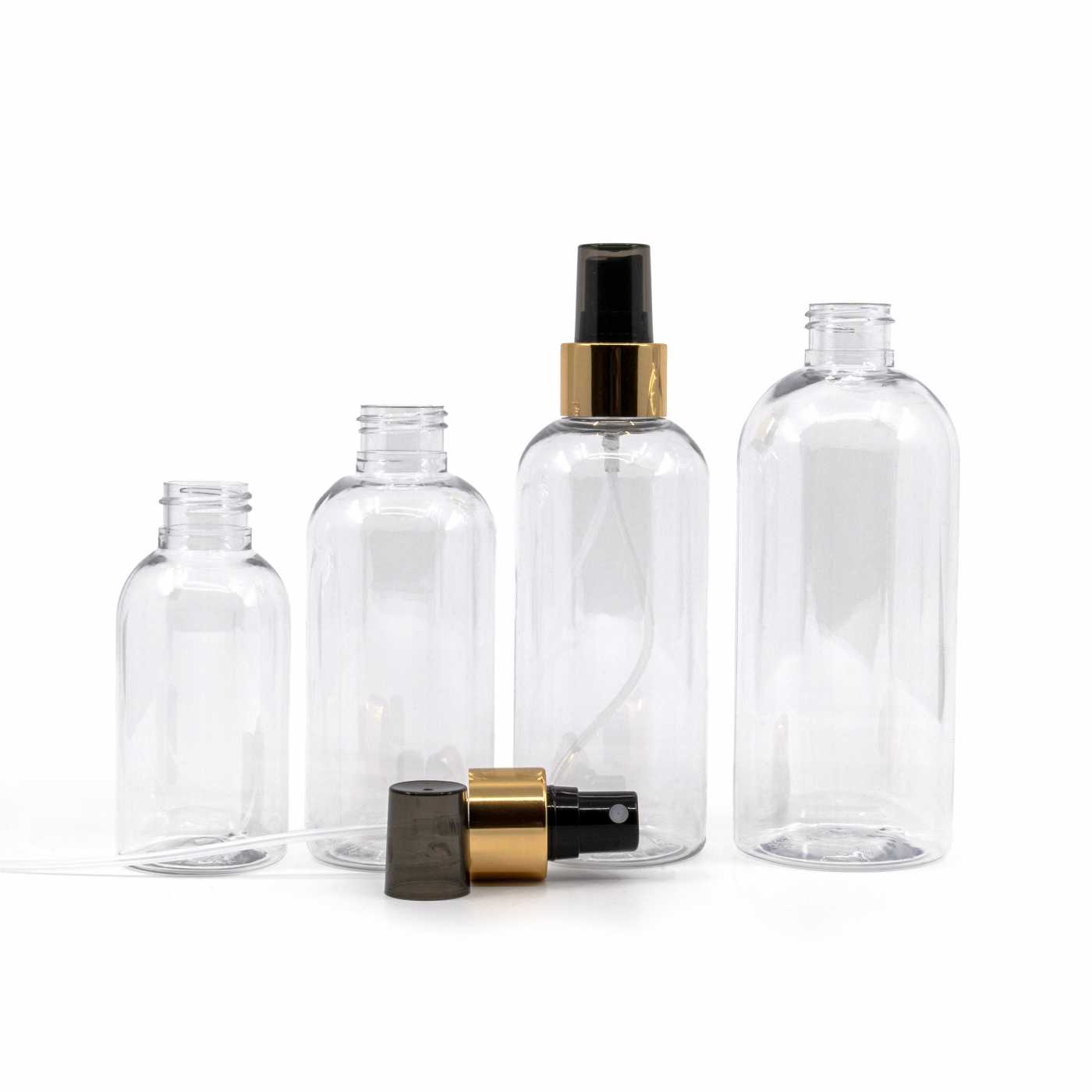Butelka plastikowa przezroczysta okrągła, czarny atomizer, błyszczący złoty pierścień, 300 ml