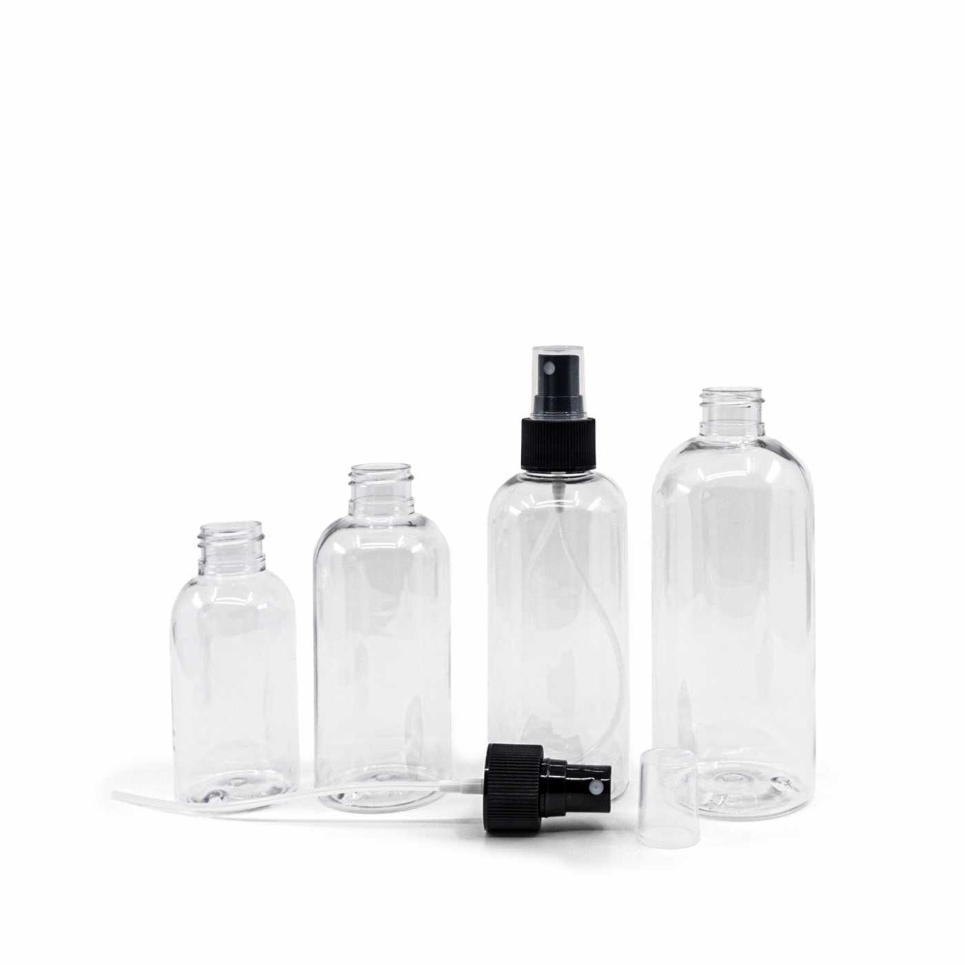 Butelka plastikowa przezroczysta okrągła, czarny atomizer, 300 ml