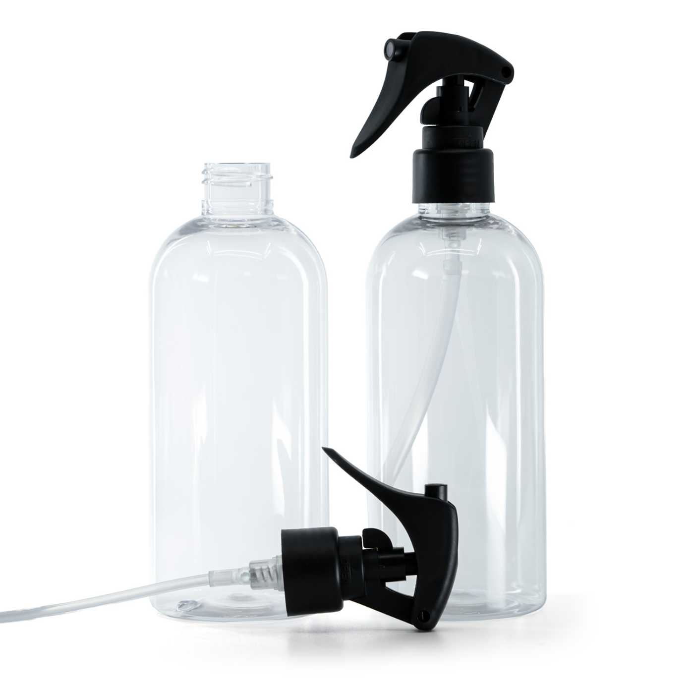 Kunststoffflasche, transparent, matter schwarzer Triggersprüher, glatter Ring, 300 ml