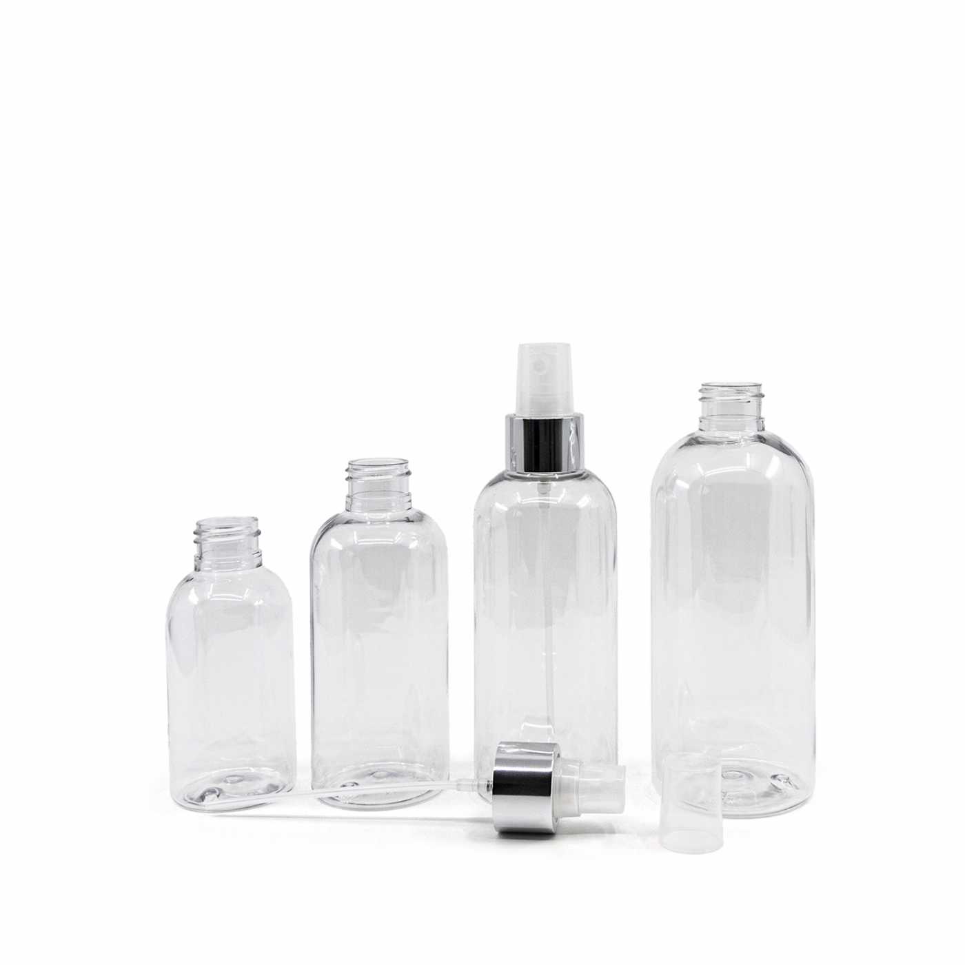 Butelka plastikowa przezroczysta okrągła, atomizer przezroczysty, srebrna błyszcząca obręcz, 300 ml