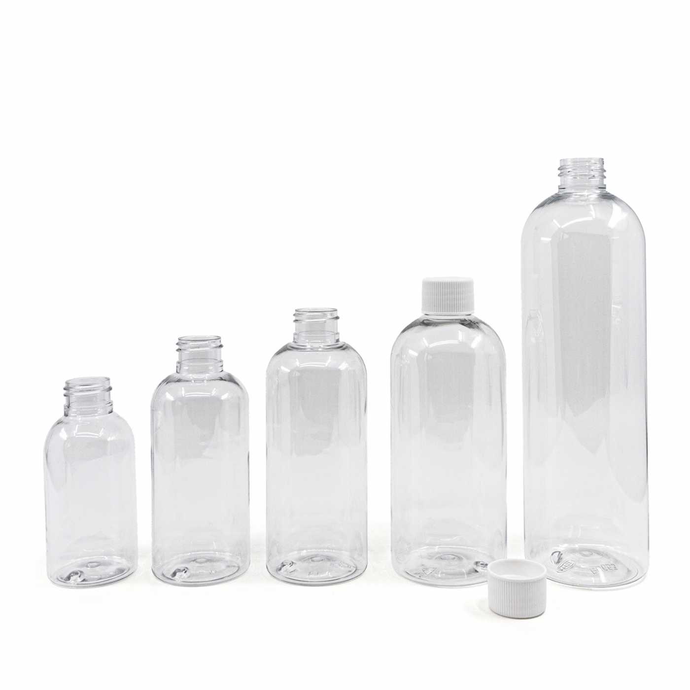 Butelka plastikowa przezroczysta okrągła, biała nakrętka, 300 ml